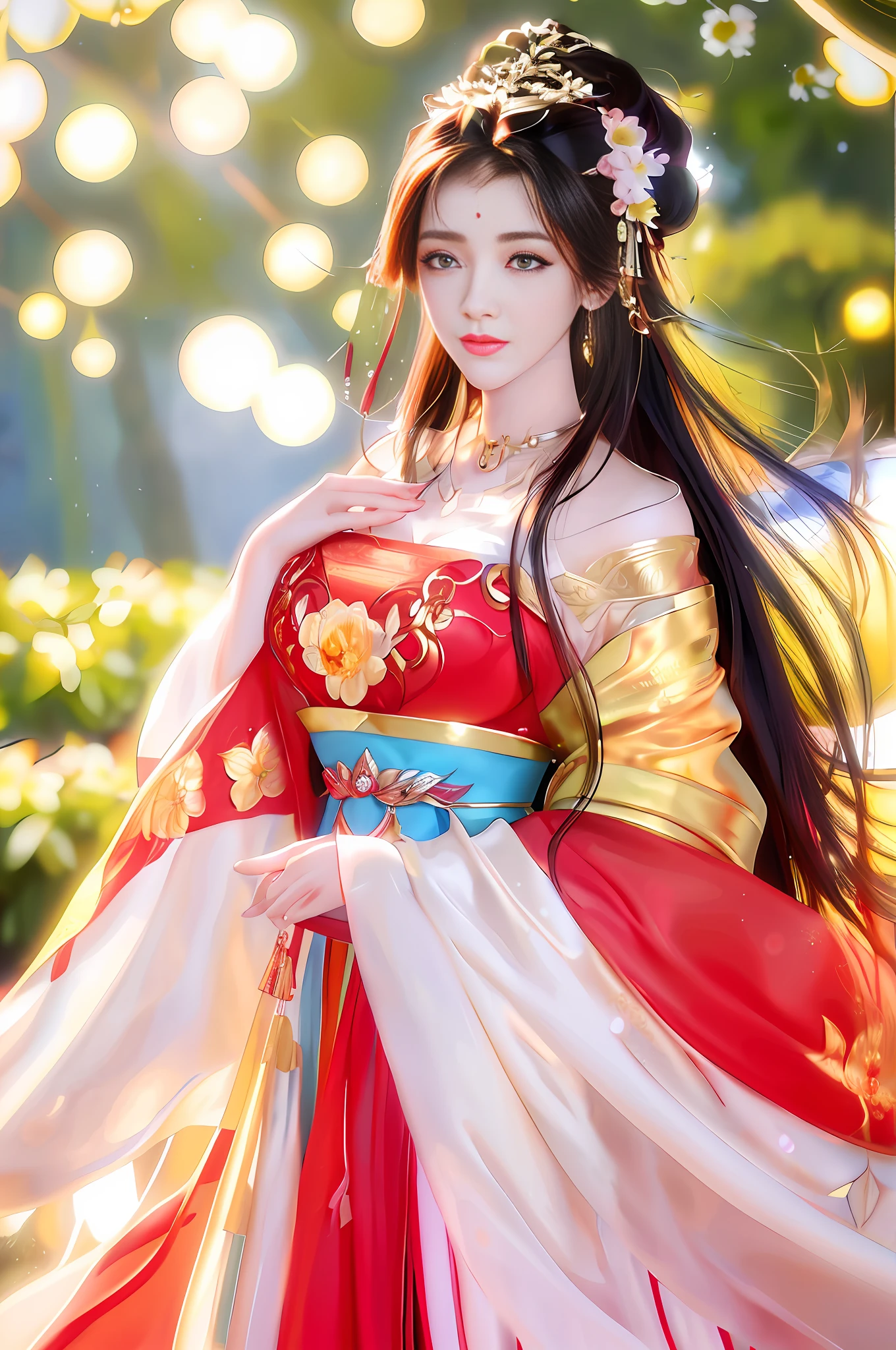 (Masterpiece: 1.0), (Best Quality: 1.4), (Ultra High Resolution: 1.2), (Fine Illustration: 1.4), (8k, RAW Photo: 1.2), (Soft Focus: 1.4), (Sharp Focus: 1.4), (Korea: 1.0), (China: 1.0), (Liu Yifei: 1.3), Ultra-realistic 8k Game CG, Masterpiece, Sunlight, High Quality, Pale Skin, Outrageously Long Brunet, Blue Eyes, Fantasy, Looking at the Audience, Portrait, Film Lighting, Film Bloom, Soft Light , Upper body, Lips, (Masterpiece: 1.4), (Best quality: 1.4), (Shiny skin), Huge breasts, Juice, Puffiness, Large areola, Huge, Round eyes and long hair, symmetrical face, perfect skin, volumetric lighting, stunning environment, highly detailed, ultra-realistic, thick lips, beautiful lips, symmetrical, (yellow skin tone), warm tones, black hair, complex hair accessories, earrings, bracelets, (choker: 1, 3), accessories, hair accessories, big breasts, (flower background ), external shooting,