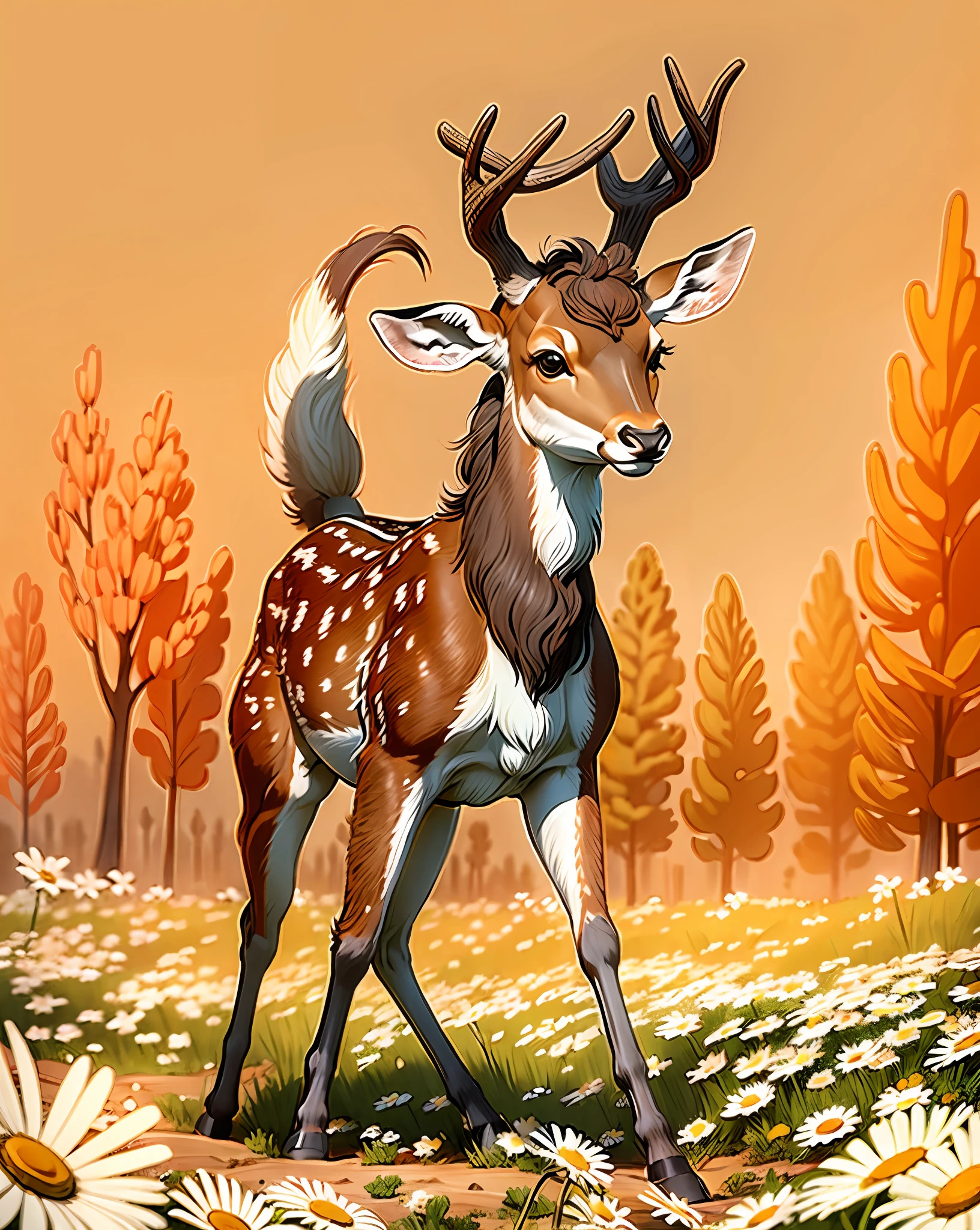 pronounced sexual dimorphism, young deer, thirsty for lovemaking, walks among clover, clover field, field of daisies, walks among daisies, deer with eggs, eggs of a male deer, 555