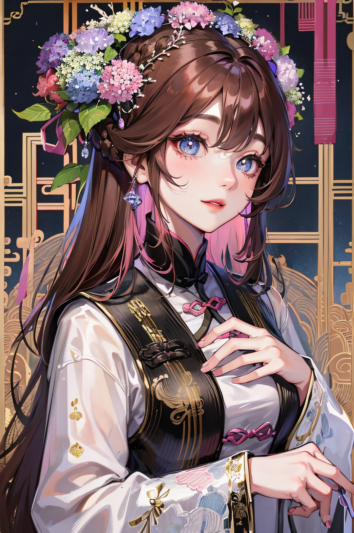 Masterpiece Superb Night Full Moon 1 Female Mature Chinese Style Ancient Chinese Sister Royal Sister Smile Brown Hair Princess Cut Twist Twist Braid Double Pill Head Light Pink Lips, Calm, Intellectual, Middle Hair, Green Pupils, Hairpins, Hydrangeas,