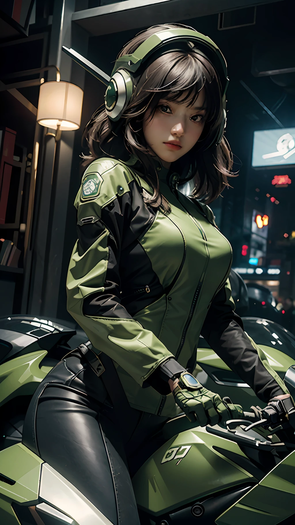 Highest image quality, outstanding details, ultra-high resolution, (realism: 1.4), the best illustration, favor details, highly condensed 1girl, with a delicate and beautiful face, dressed in a black and green mecha, wearing a mecha helmet, holding a directional controller, riding on a motorcycle, the background is a high-tech lighting scene of the future city.