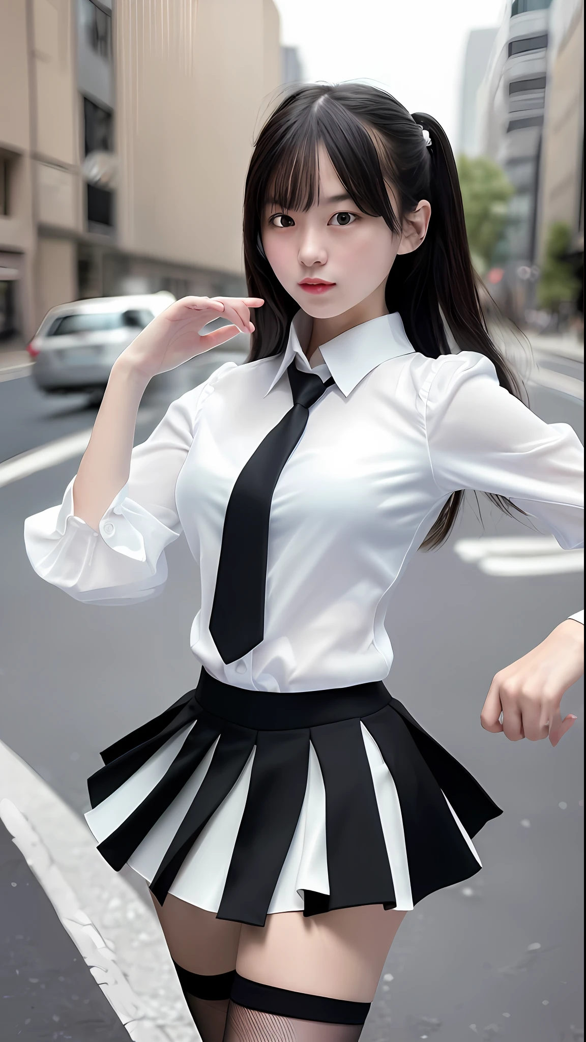 (Highest quality: 1.4), (Masterpiece), (Realism, Photo Fidelity: 1.37), (Ultra High Resolution: 1.2) (RAW Photo: 1.2) (Clear Focus: 1.3) (Anatomically correct: 1.1) (High detail hands) 1 girl, professional woman, white shirt, black suit, black short skirt, fishnet socks, standing on the street