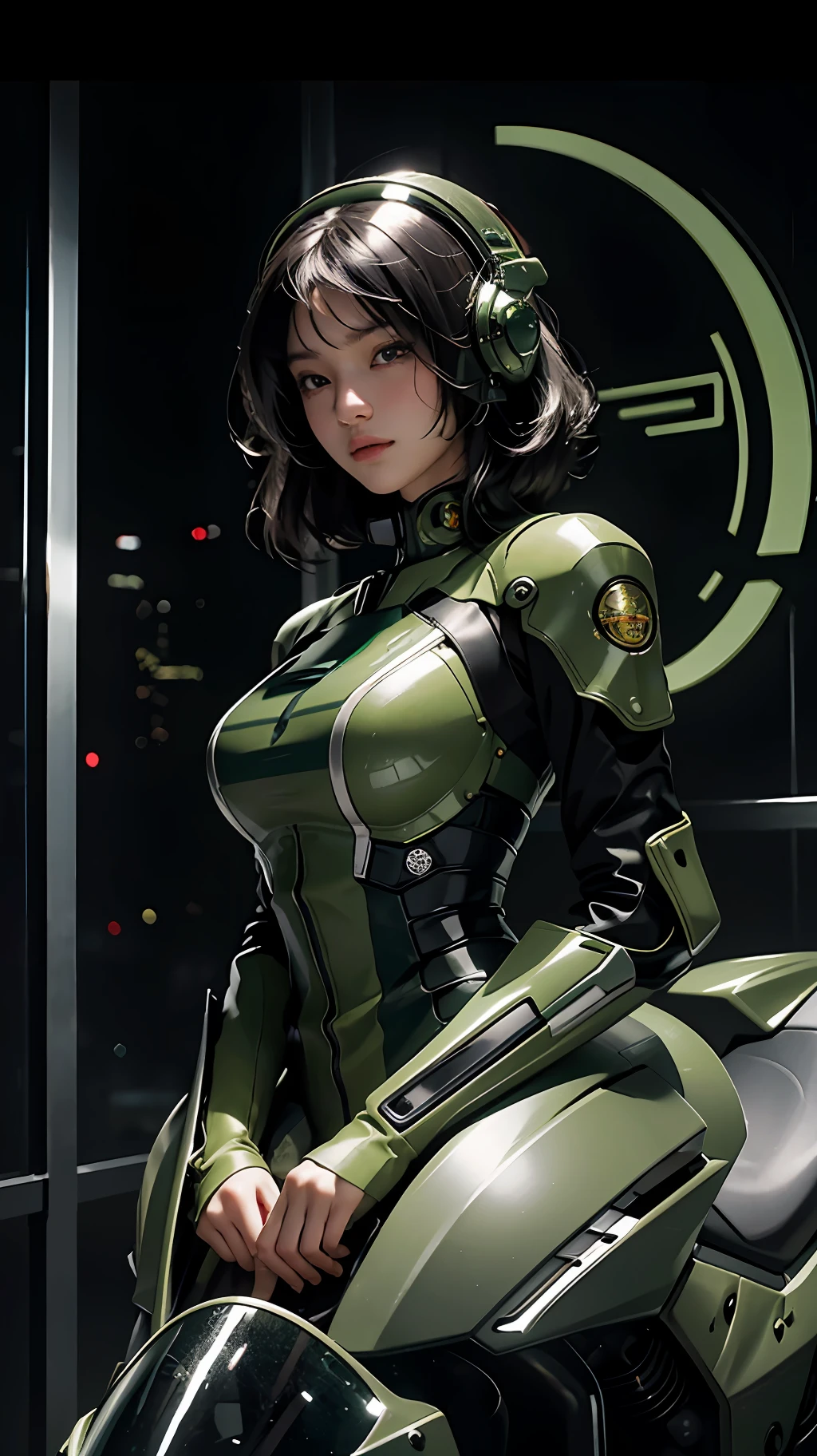 Highest image quality, outstanding details, ultra-high resolution, (realism: 1.4), the best illustration, favor details, highly condensed 1girl, with a delicate and beautiful face, dressed in a black and green mecha, wearing a mecha helmet, holding a directional controller, riding on a motorcycle, the background is a high-tech lighting scene of the future city.