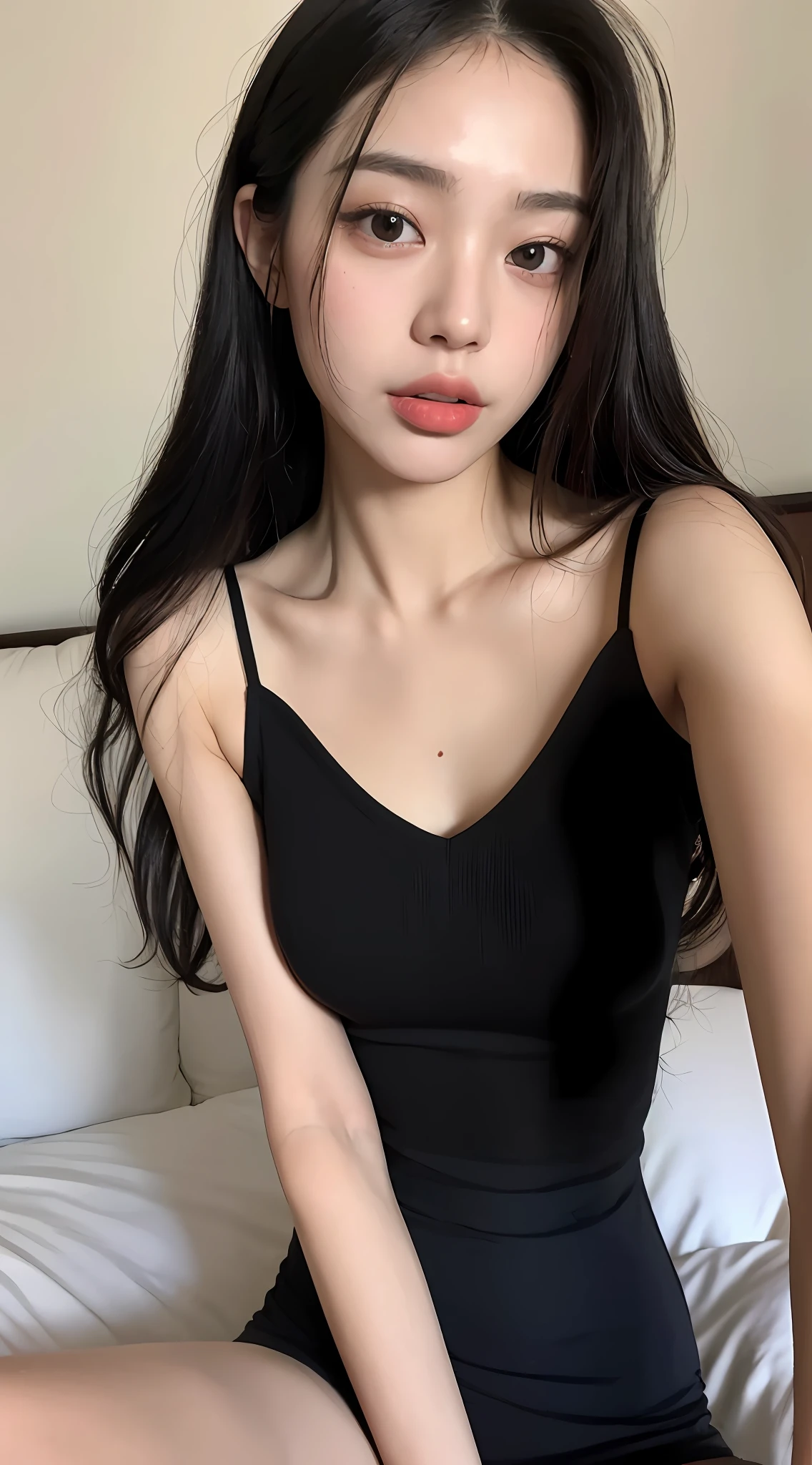 ((Top quality, 8k, Masterpiece: 1.3)), beauty, hidden face, 1 girl, beauty: 1.3, slender abs: 1.1, camisole vest, long black hair, (sitting on bed), ultra-detailed face, highly detailed lips, detailed eyes, double eyelids sticking out tongue