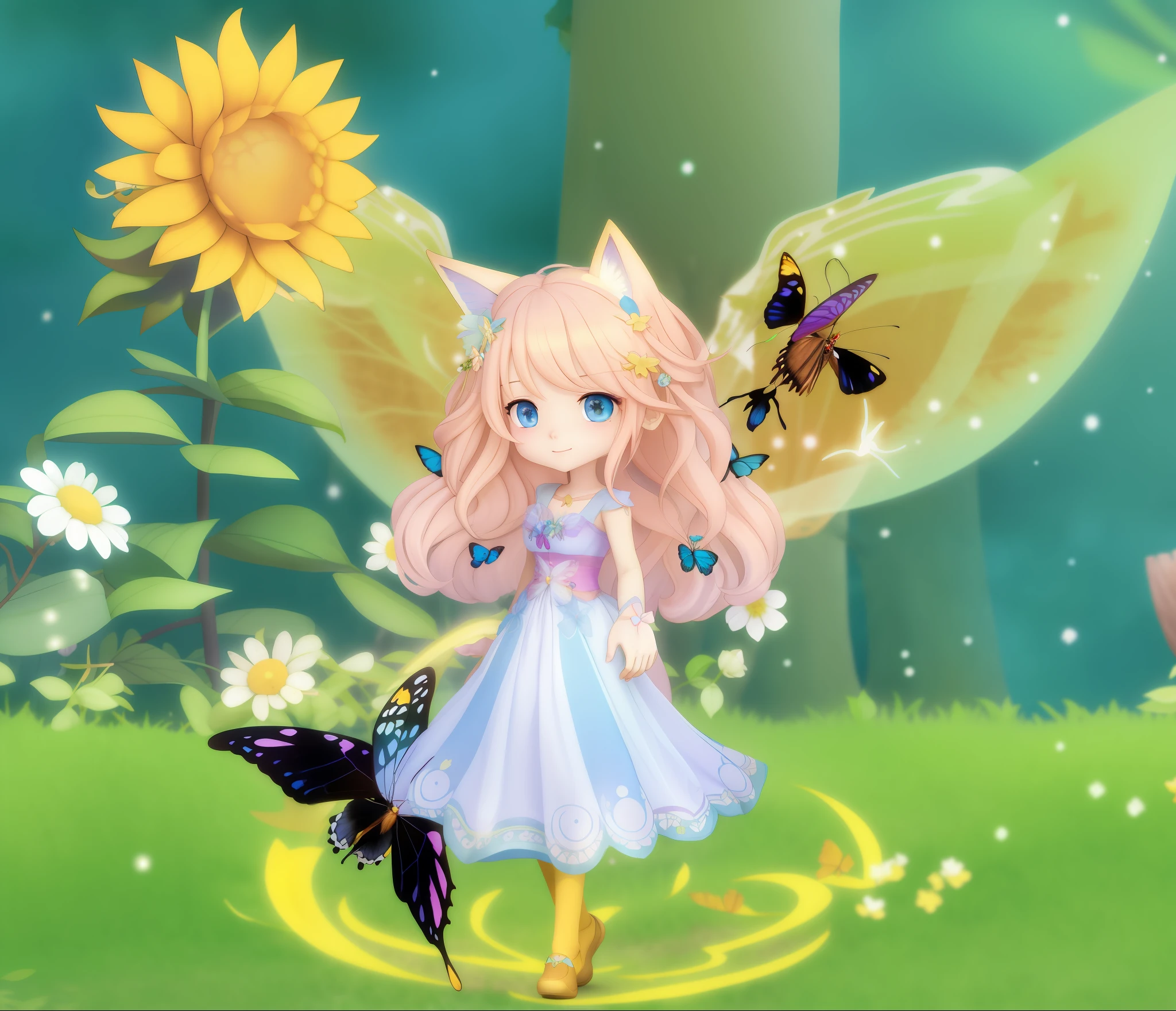 anime girl with a cat and a butterfly in a field, fey queen of the summer forest, style of maple story, astral fairy, smiling as a queen of fairies, ethereal flowerpunk, angelic purity, with bloom ethereal effects, chibi, fairy magnificent, forest fairy, queen of the fairies, fantasy outfit, faerie, wiggly ethereal being, fantasy dress