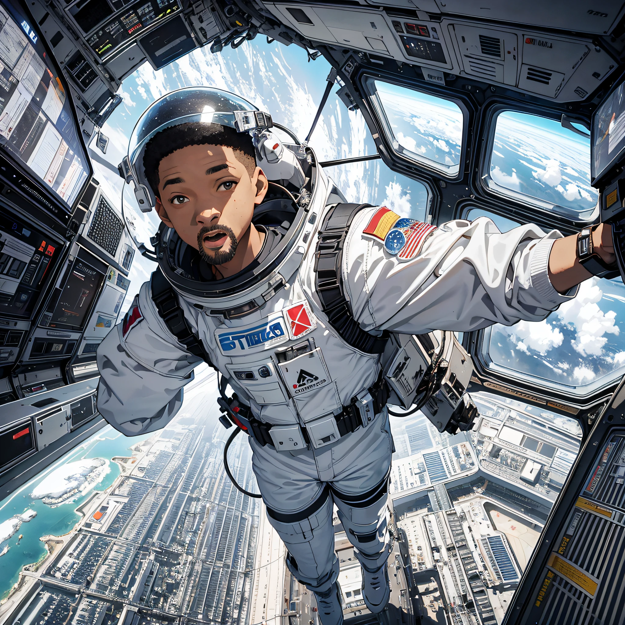 Will Smith wears a white spacesuit, a cross-shaped space station, floating in space, with a shocked and surprised expression