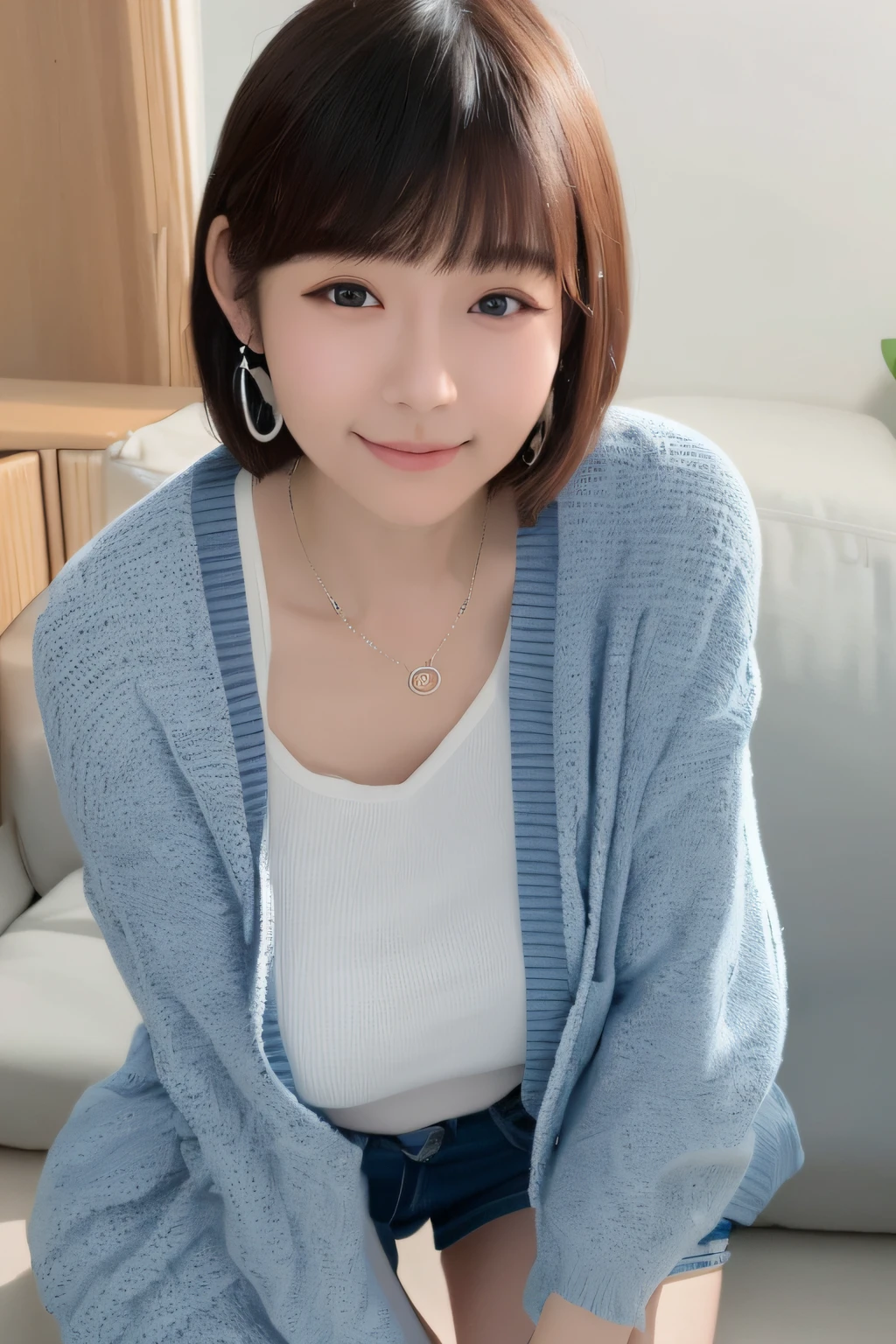 Smiling minchen, ridiculous, closed mouth, balanced eyes, (Best Quality Detail: 1.2), Realistic, 8K HD, Ultra Detailed, High Quality Texture, Complex Detail, Detailed Texture, Fine Detail, High Detail, Very Detailed CG, High Quality Shadows, Delicate Beautiful Delicate Face, (Delicate Beautiful Delicate Eyes: 1.32), Depth of Field, Ray Tracing, (A Beautiful 25-Year-Old Cute Japanese Lady: 1), Small Breasts, Tall Feminine, Beautiful Legs, Glowing Eyes, Blush, Perfect Petite, Scrawny, Blurred Outdoor Background, Silver Tight Bra, Blue Taste Denim Jacket, Cardigan Coat: 1.1, [Brown skirt]: 1, stockings and suspenders: 1.2, short hair, comfortable living room, sunshine, kneeling on sofa, earrings, necklace, model, looking at the audience, dynamic pose, earrings, necklace, model, looking at the audience, from the side, dynamic pose, front whole body