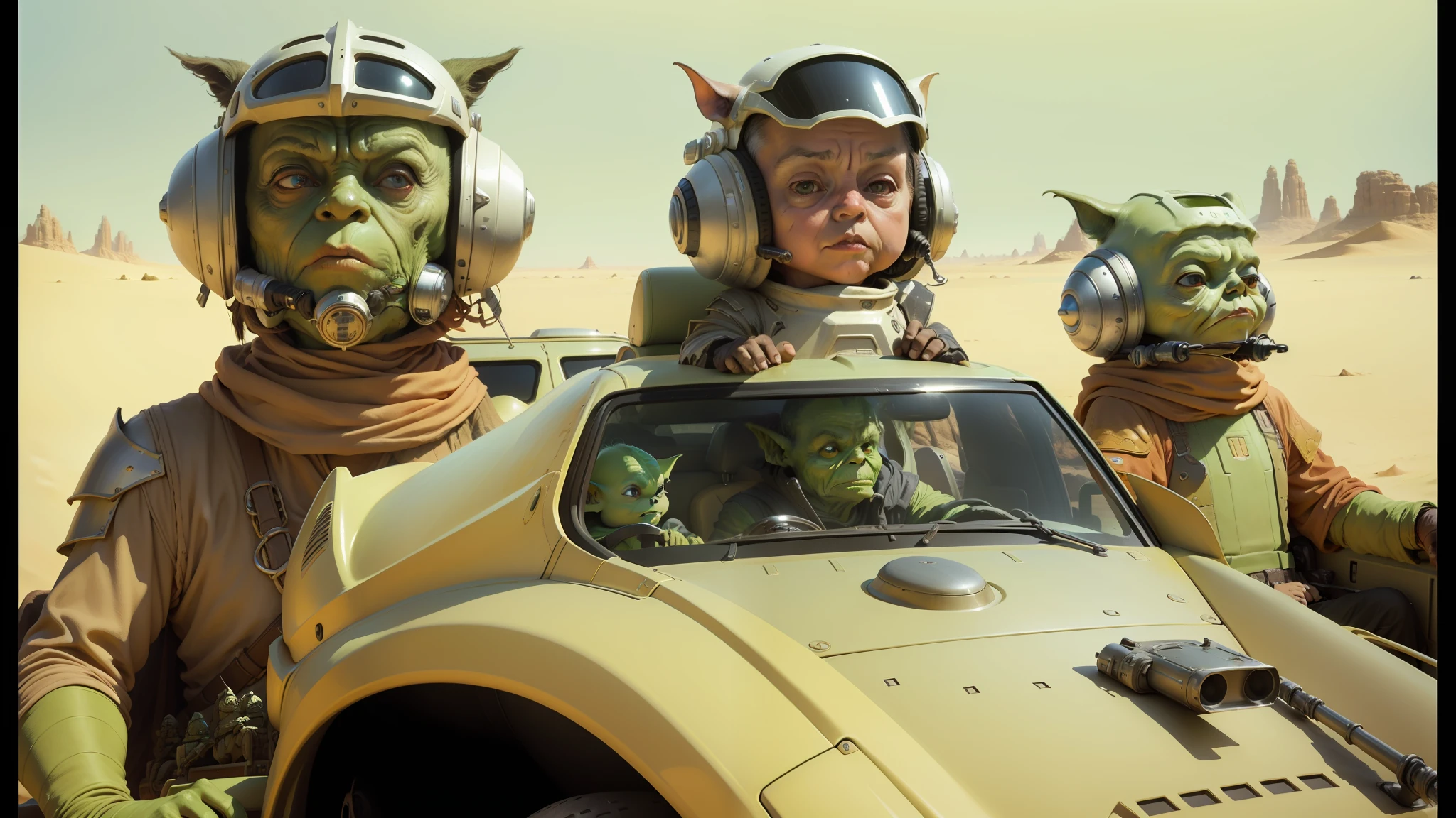 there are three people in alien costumes riding in a vehicle, yoda fantasy art portrait, freman, dunes, wide angle 1981, medium portrait of a goblin, symmetric armor, sonic youth, masterful composition, ralph macquarrie, surrealisme aesthetic, by Werner Tübke, cgi