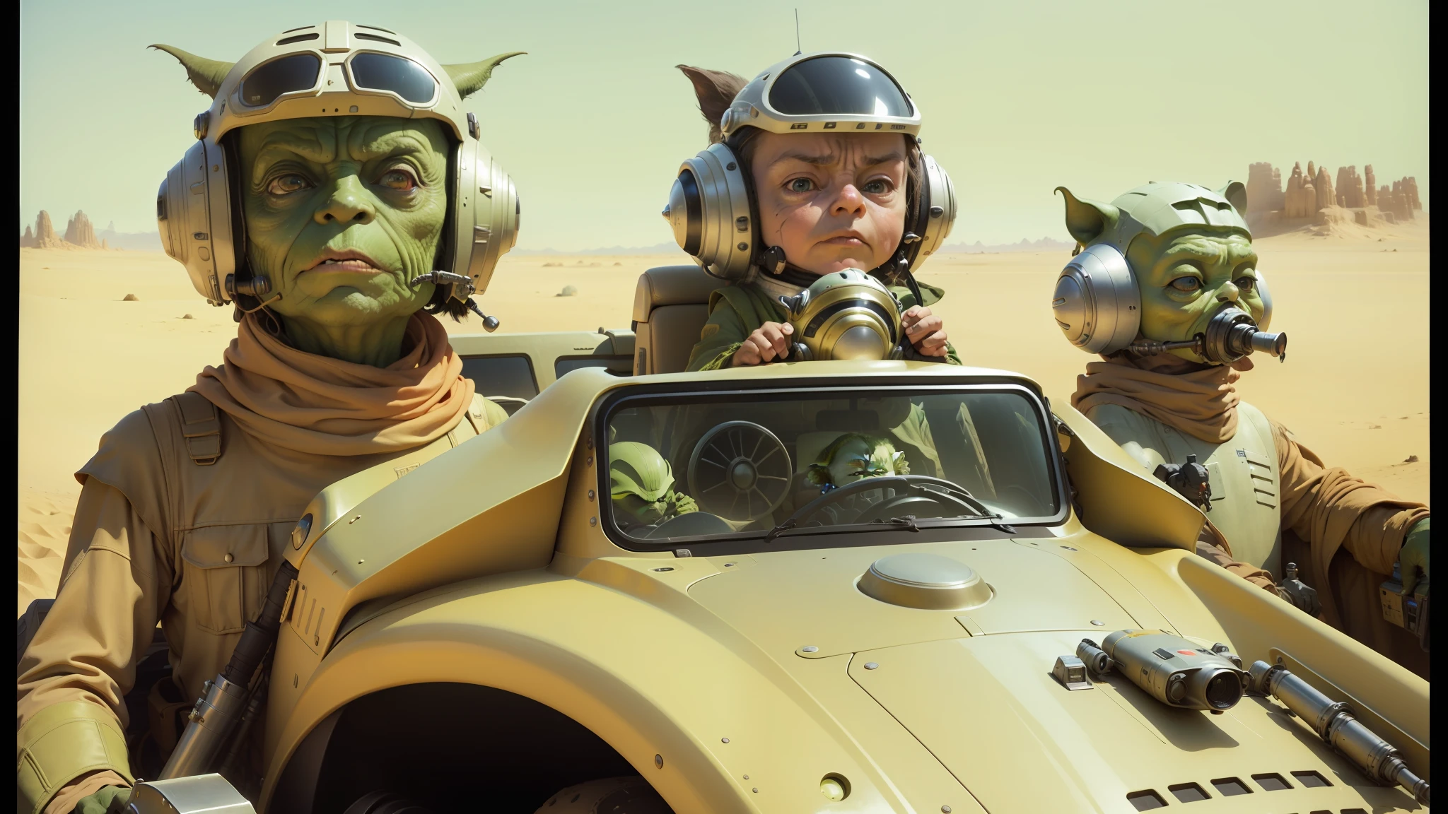 there are three people in alien costumes riding in a vehicle, yoda fantasy art portrait, freman, dunes, wide angle 1981, medium portrait of a goblin, symmetric armor, sonic youth, masterful composition, ralph macquarrie, surrealisme aesthetic, by Werner Tübke, cgi