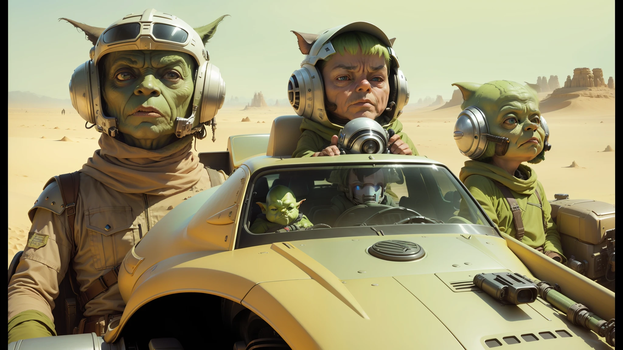 there are three people in alien costumes riding in a vehicle, yoda fantasy art portrait, freman, dunes, wide angle 1981, medium portrait of a goblin, symmetric armor, sonic youth, masterful composition, ralph macquarrie, surrealisme aesthetic, by Werner Tübke, cgi
