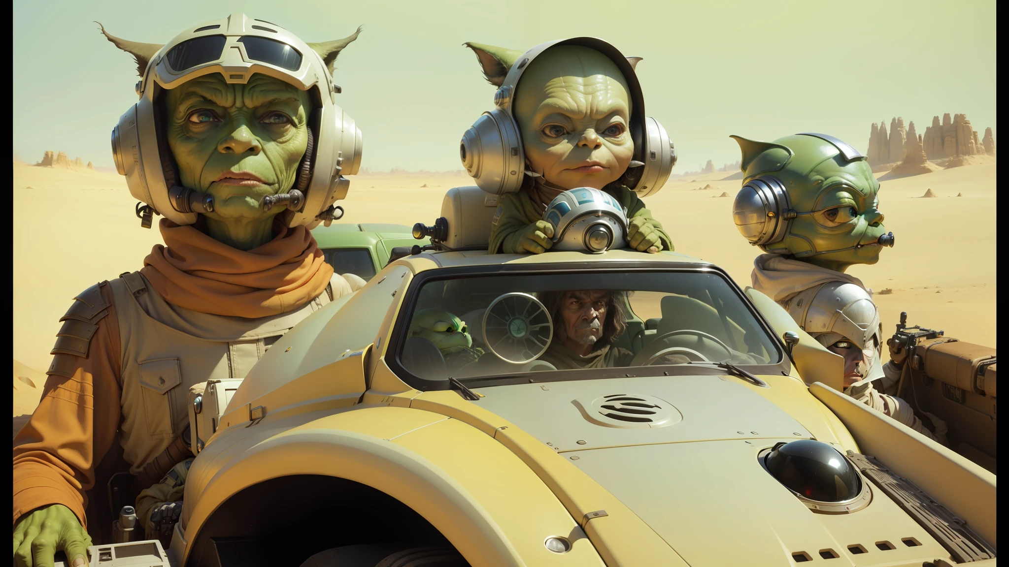 there are three people in alien costumes riding in a vehicle, yoda fantasy art portrait, freman, dunes, wide angle 1981, medium portrait of a goblin, symmetric armor, sonic youth, masterful composition, ralph macquarrie, surrealisme aesthetic, by Werner Tübke, cgi
