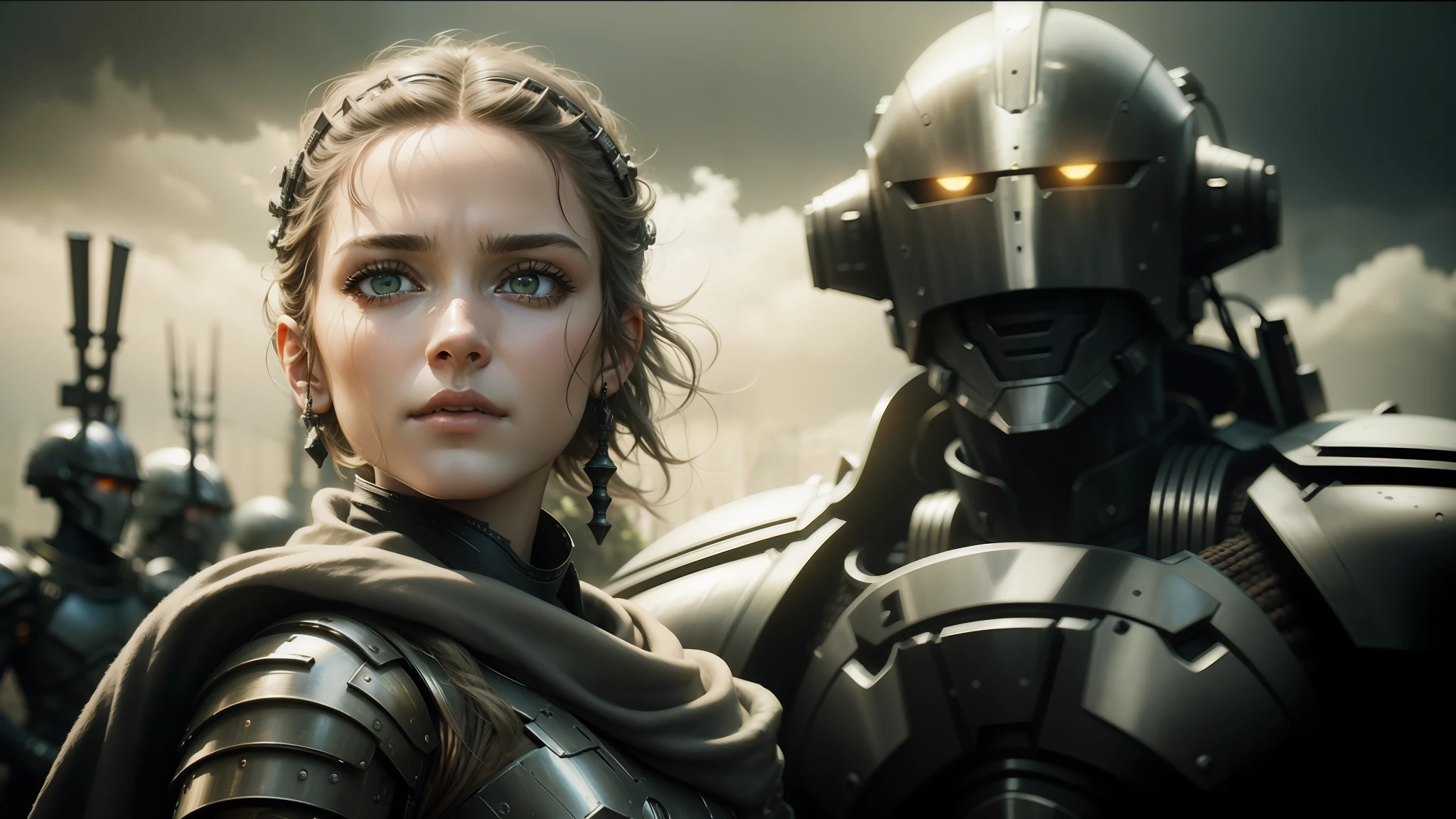 arafed woman in armor and a man in a helmet, 2 0 2 1 cinematic 4 k framegrab, luis royo and alex ebel, biometric humanoid robot, eve ventrue, by László Beszédes, hollywood promotional image, steampunc, emma watson as driada, filmstill