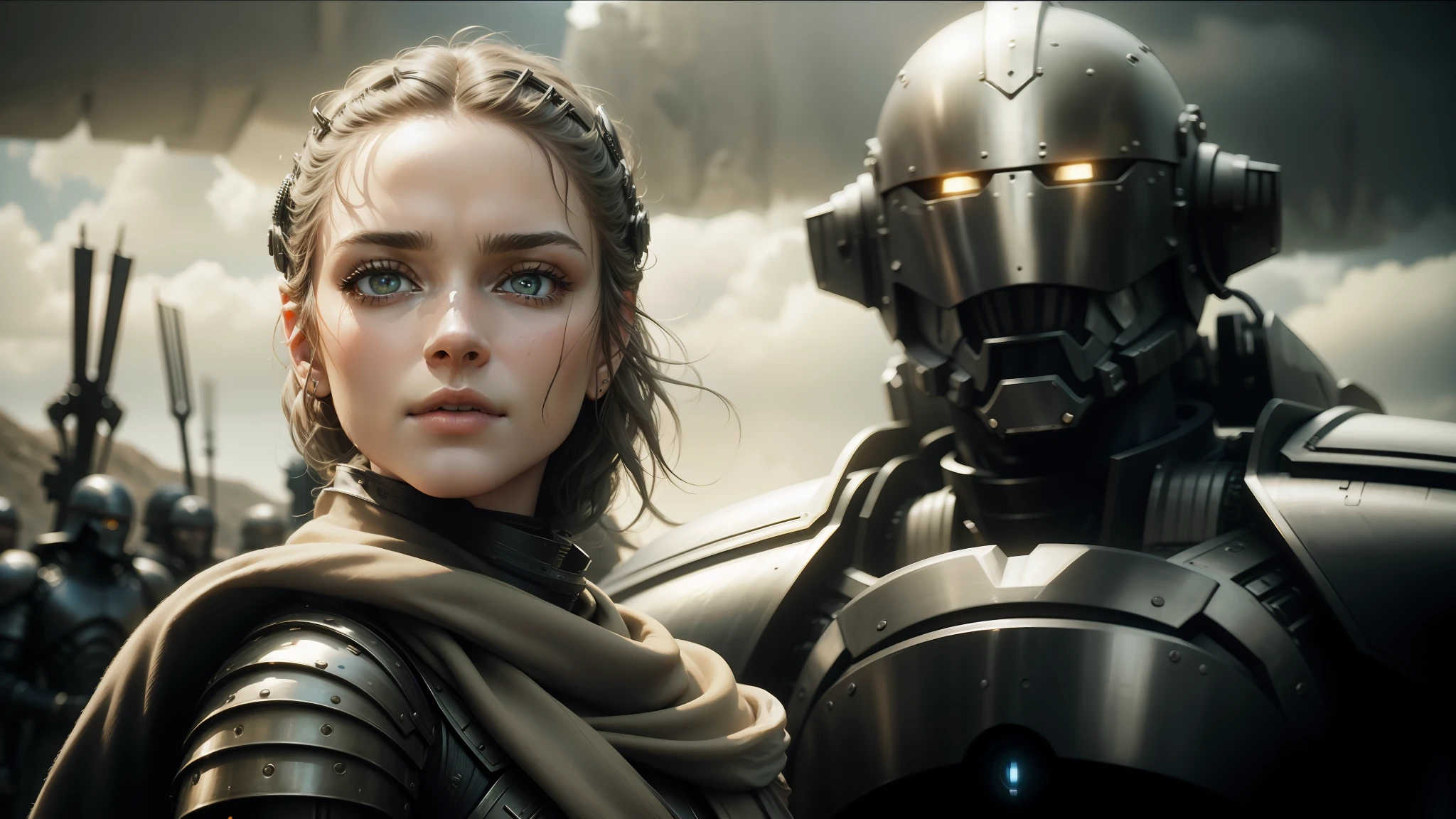 arafed woman in armor and a man in a helmet, 2 0 2 1 cinematic 4 k framegrab, luis royo and alex ebel, biometric humanoid robot, eve ventrue, by László Beszédes, hollywood promotional image, steampunc, emma watson as driada, filmstill