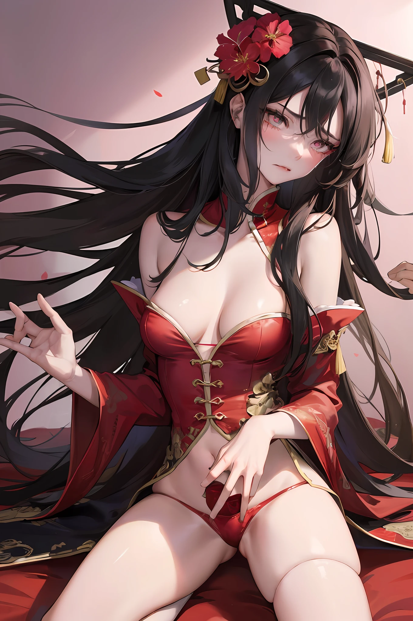 frontal focus, masterpiece, top quality, night, chinese style, ancient china, royal, cold expression, expressionless, long black hair, light pink lips, calm, triple band, gray pupils, assassin, flower ball background, facial details, correct limbs, (NSFW:1.0), 1girl, protruding crotch, hands raised, mouth biting money, strangled especially tightly by red panties, wearing tight red underwear, kneeling on the bed, thighs spread, showing a painful expression, tears in the corners of the eyes,