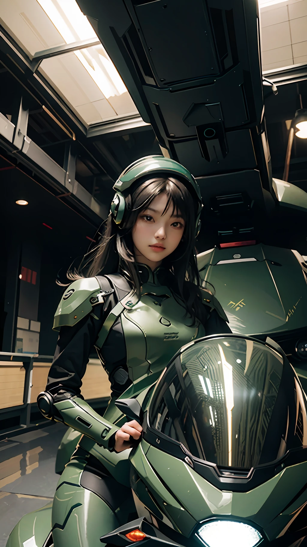 Highest image quality, outstanding details, ultra-high resolution, (realism: 1.4), the best illustration, favor details, highly condensed 1girl, with a delicate and beautiful face, dressed in a black and green mecha, wearing a mecha helmet, holding a directional controller, riding on a motorcycle, the background is a high-tech lighting scene of the future city.