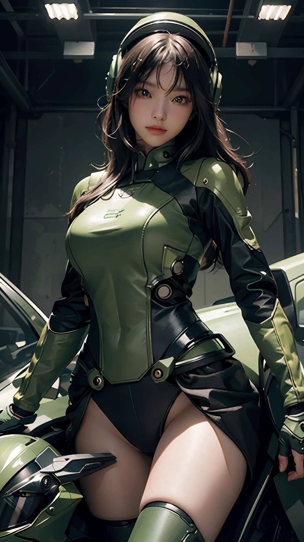 Highest image quality, outstanding details, ultra-high resolution, (realism: 1.4), the best illustration, favor details, highly condensed 1girl, with a delicate and beautiful face, dressed in a black and green mecha, wearing a mecha helmet, holding a directional controller, riding on a motorcycle, the background is a high-tech lighting scene of the future city.