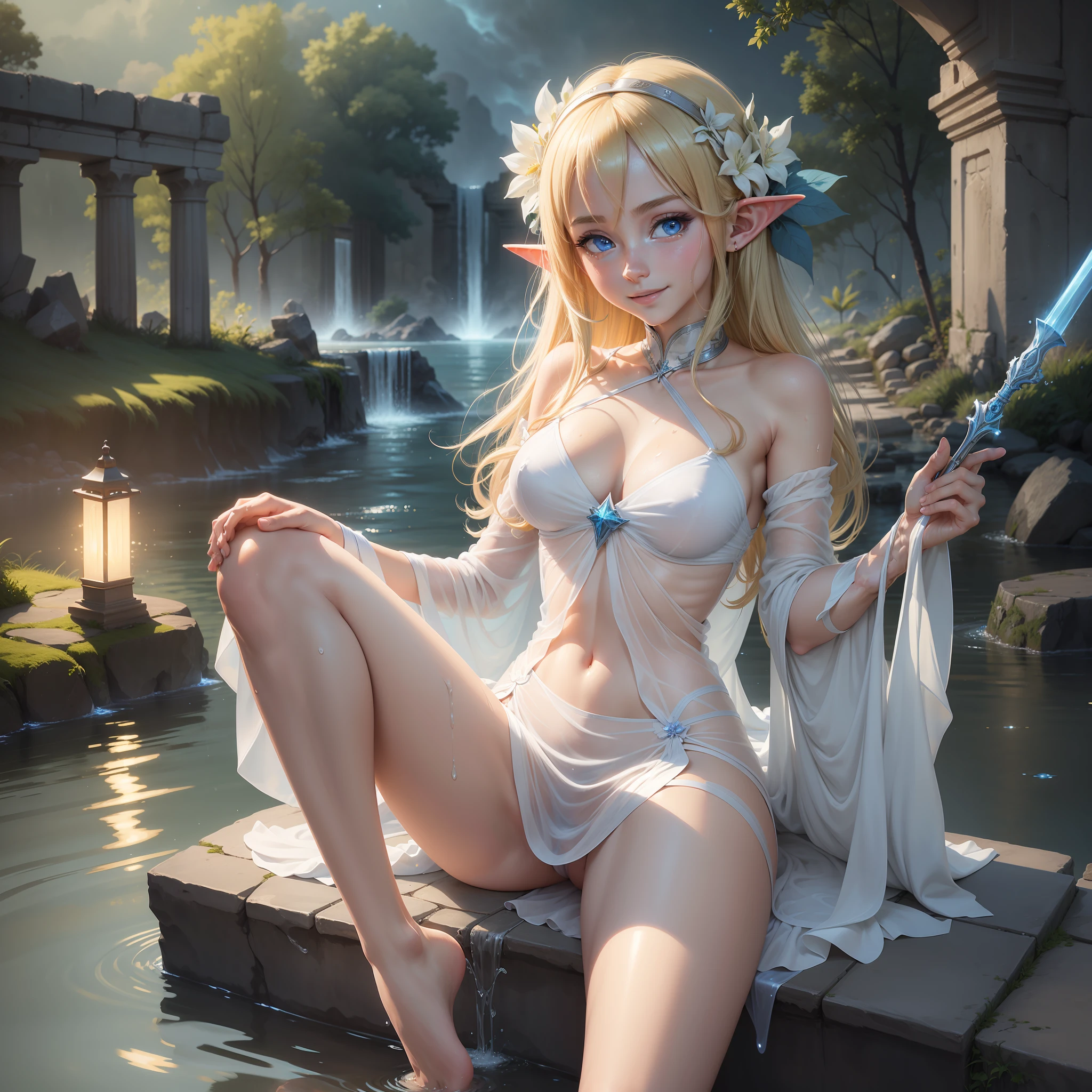 2D illustration, anime-style, beautiful girl, elf, 18 years old, blonde, blue eyes, smiling, white see-through dress of ultra-thin cloth with open chest, holding a magic wand in one hand, bare feet, low angle, person close-up, open legs, crotch up, wet body, wet clothes, ancient ruins, waterside, night sky, floating magic light, glowing water surface, ambient occlusion, halation