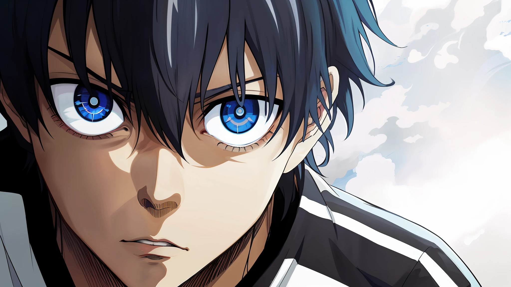 a close up of a person with blue eyes and a black and white shirt, otaku gangasta, cel shaded anime, hijikata toushirou of gintama, today's featured anime still, inspired by Okumura Togyu, trigger anime artstyle, black anime pupils in her eyes, tall anime guy with blue eyes, key art anime sharp focus
