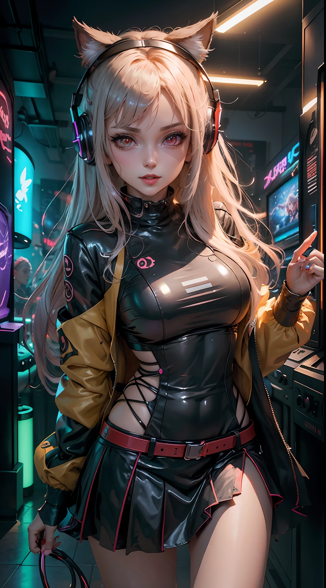(masterpiece) Cute girl, cat ears, sorrindo, medium breasts, cabelo violeta platinado detalhado, Black and red jacket, skirt, following orange eyes, anime-inspired, dark room with glowing screens, immersive atmosphere, gaming equipment, futuristic technology, mesmerizing digital world, neon-lit arcade games, vivid and contrasting colors, lively and animated characters, soft shading and cell shading, immersive and detailed scenery, gaming idols and fantasy personalities, gamer girl with headphones, dynamic and playful poses.