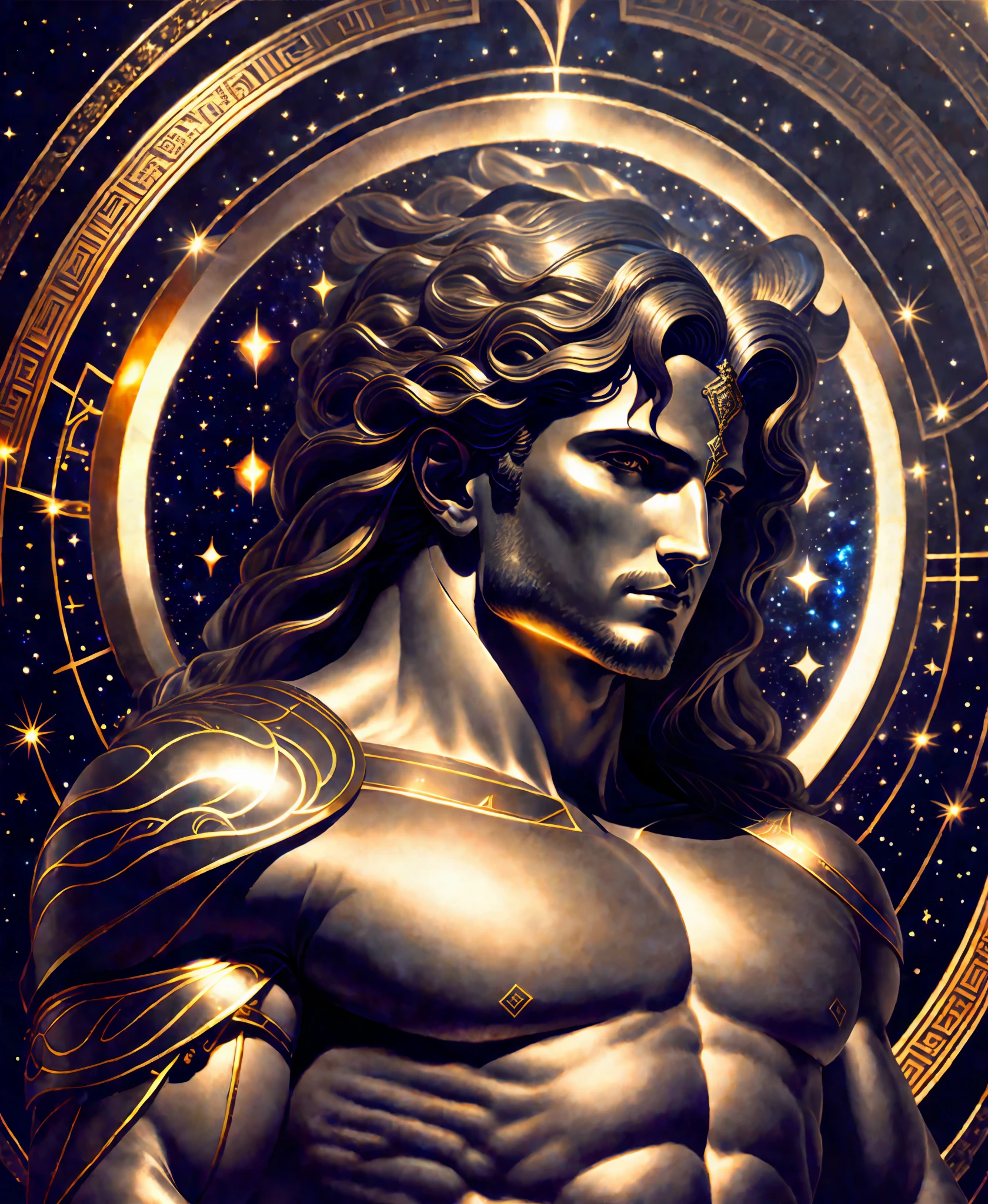 the primordial darkness embodying a greek god, erebus wearing ancient greek glothing, galaxy with solar system as background, [cinematic, soft studio lighting, backlighting, dark background]