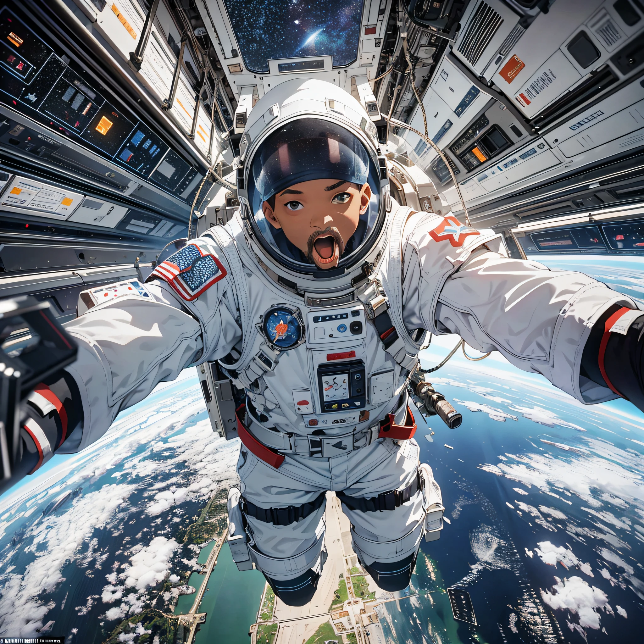 Will Smith wore a white spacesuit, a cross-shaped space station, floating in space, and opened his mouth with a shocked and surprised expression