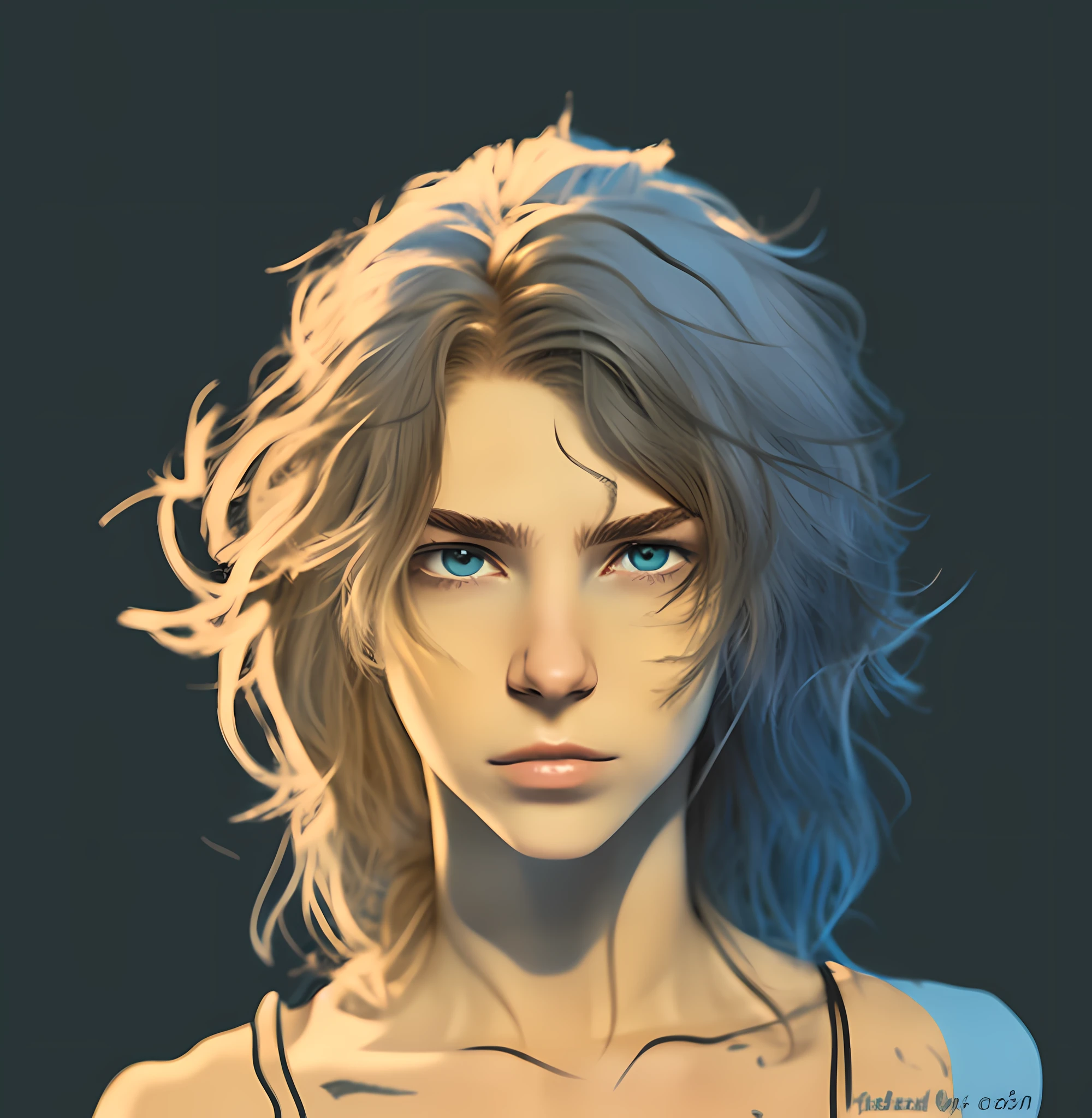 best quality, ultra-detailed, SK, ground, close-up of a beautiful woman, wearing casual, white shirt, blue pants, blue hair