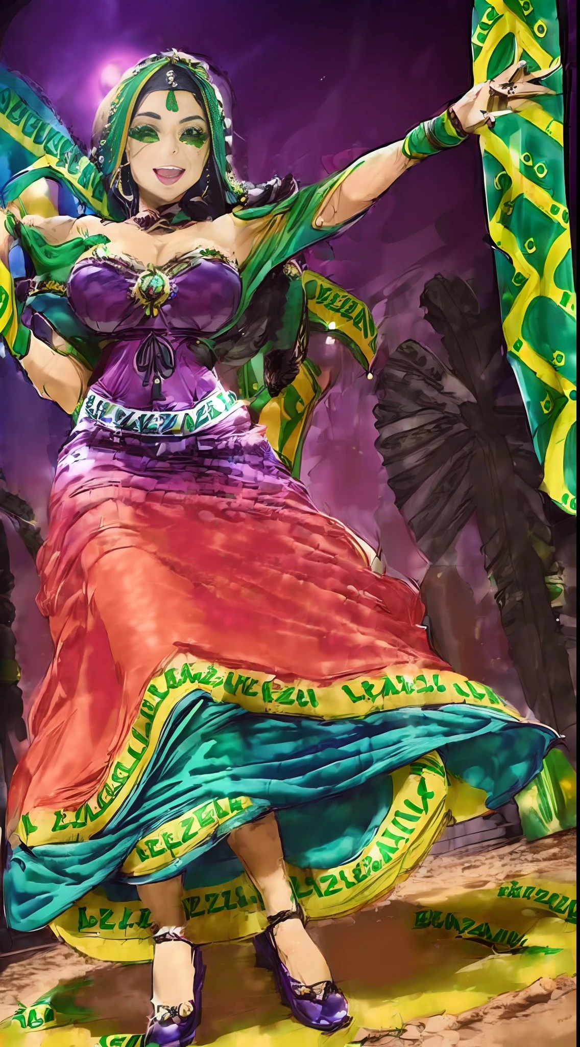 ((1 Brazilian woman in a colorful dress:2)), ((Brazilian)), ((solo)) perfect Latina woman, perfect hyper realistic woman, perfect woman, colorful Renaissance dress, multicolored, dressed in flowing long skirt, lady of elche, fat Latina woman dancing, high quality costume, Carmen sings beautifully, baroque queen of hibiscus, ((on a dirt floor)), ((with lit candles on the floor around)),  ((night)), ((with a beautiful full moon in the background)) --auto --s2