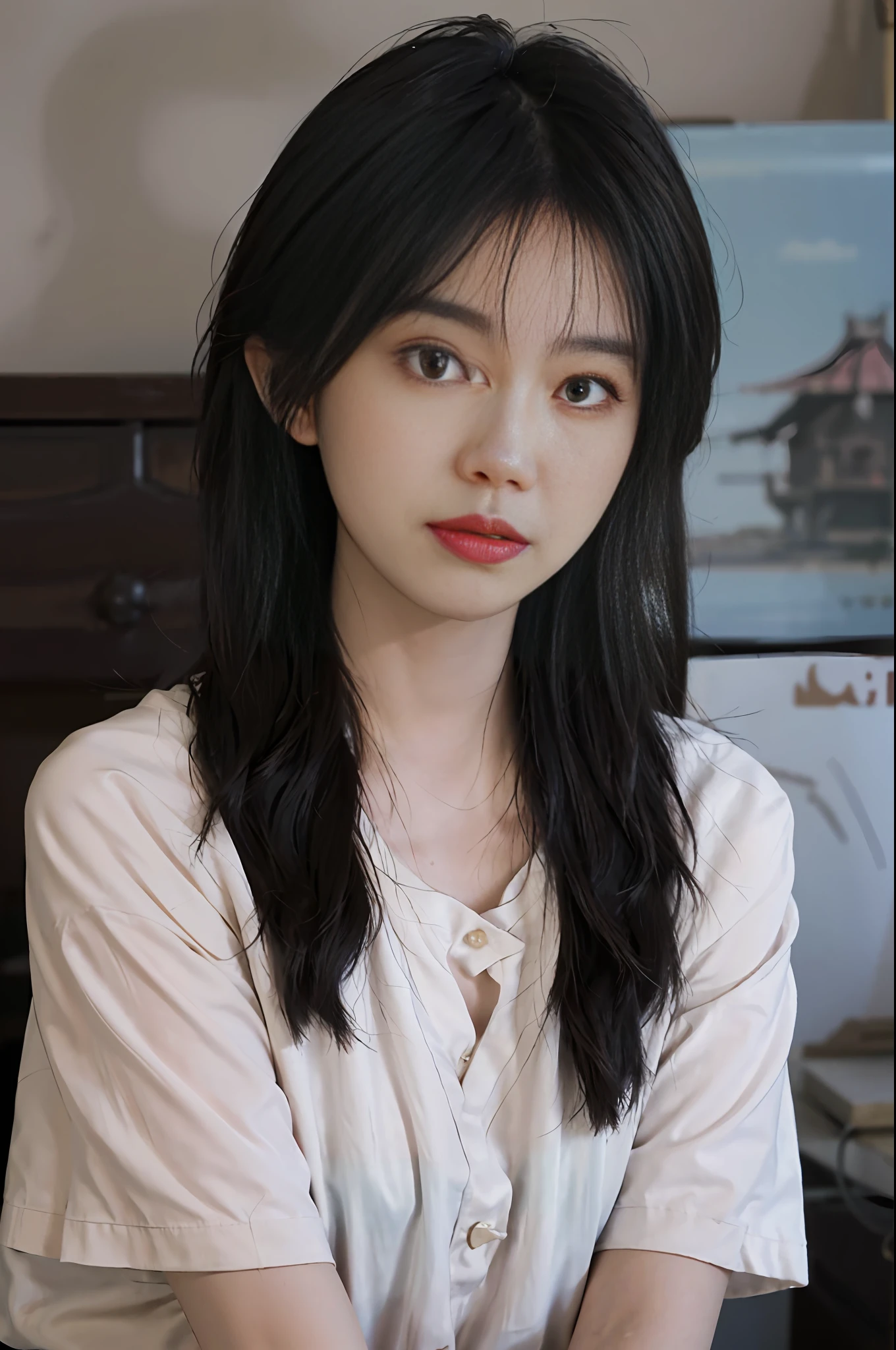 Temperament girl, delicate facial features, bangs, brown ponytail, messy hair, hair is very realistic, wearing a pink shirt with short sleeves, the background is a studio, sea view, Du Qiong, exquisite makeup, light red lips, big eyes, double eyelids, black holes, bright eyes, symmetrical face, very real face, narrow waist, thighs, meticulously portraying the girl's face, blush, super high appearance, looking at the audience, very realistic skin, skin oil reflection, artwork, clothes with real fabric texture, realistic painting, Cinematic style, photography level, ray tracing, realistic light and shadow effects, realism, masterpiece, like the top photography effect, 8K