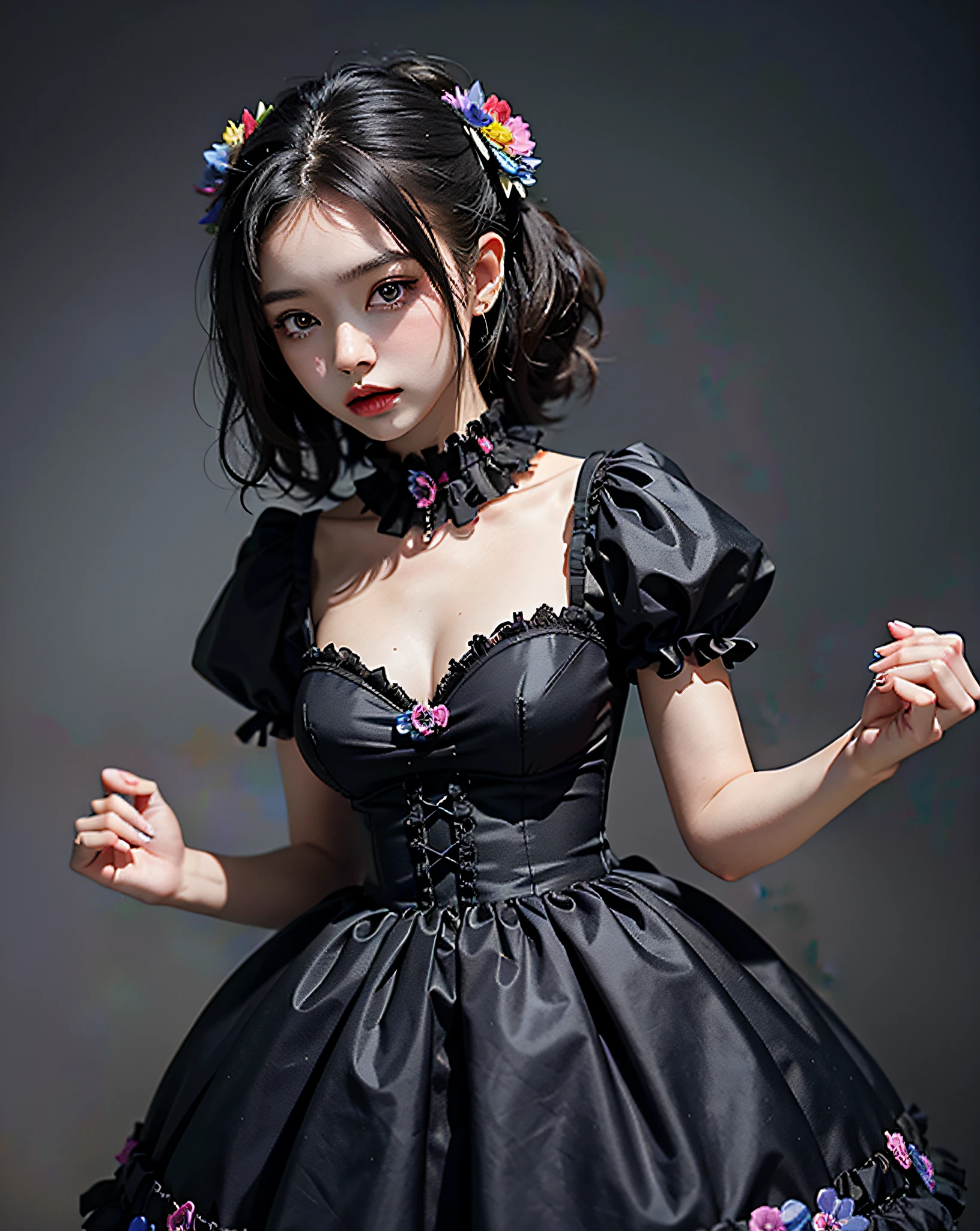 masterpiece, best quality,1girl,gothgal,frilly dress 8k,highres, ( flower_styler:1.2)(rainbow-candy:1.2)