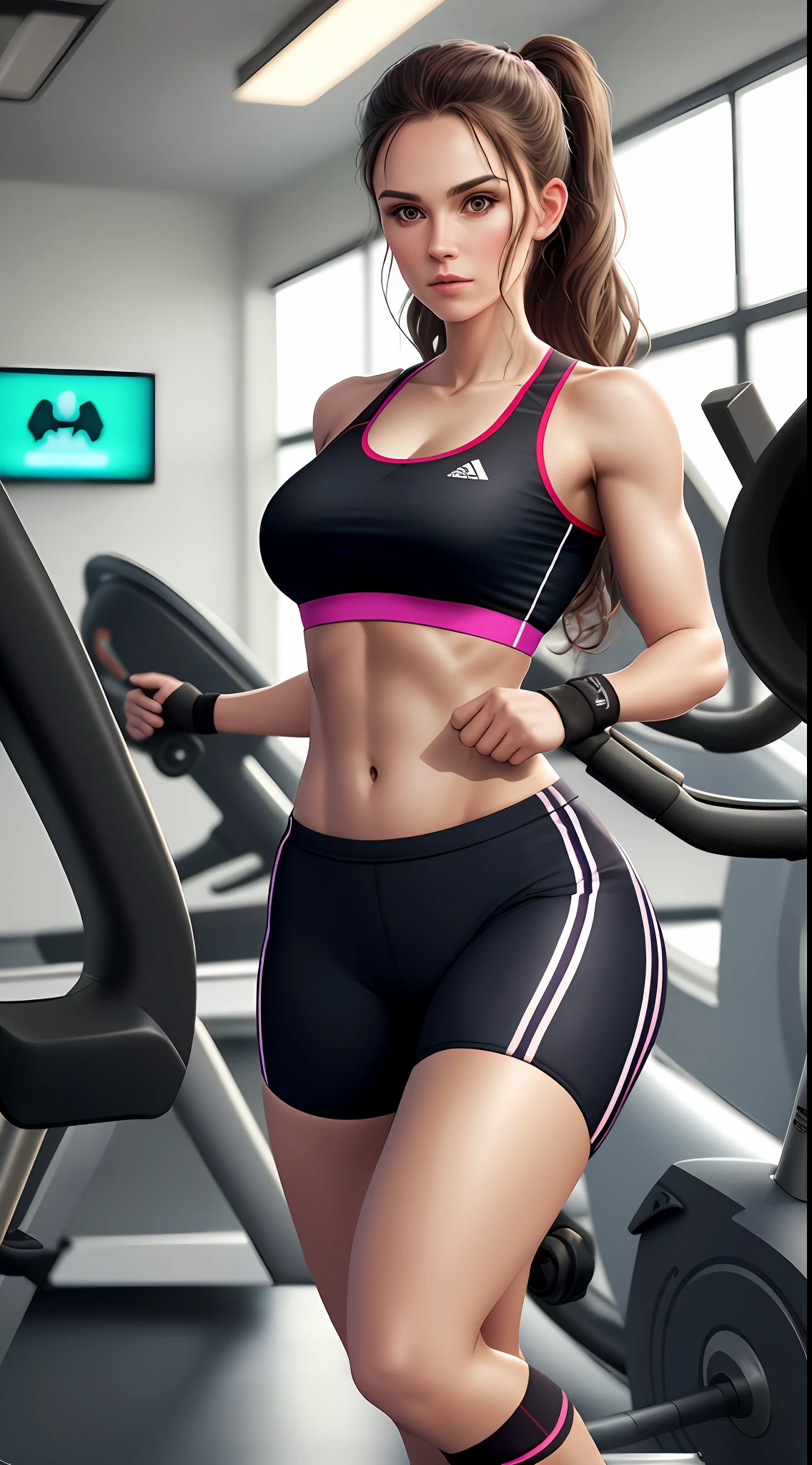 woman in gym,stationary bike,treadmill,wearing gym clothes,beautiful woman set abdomen,,in gym,high realistic image,highly detailed,4k,high resolution