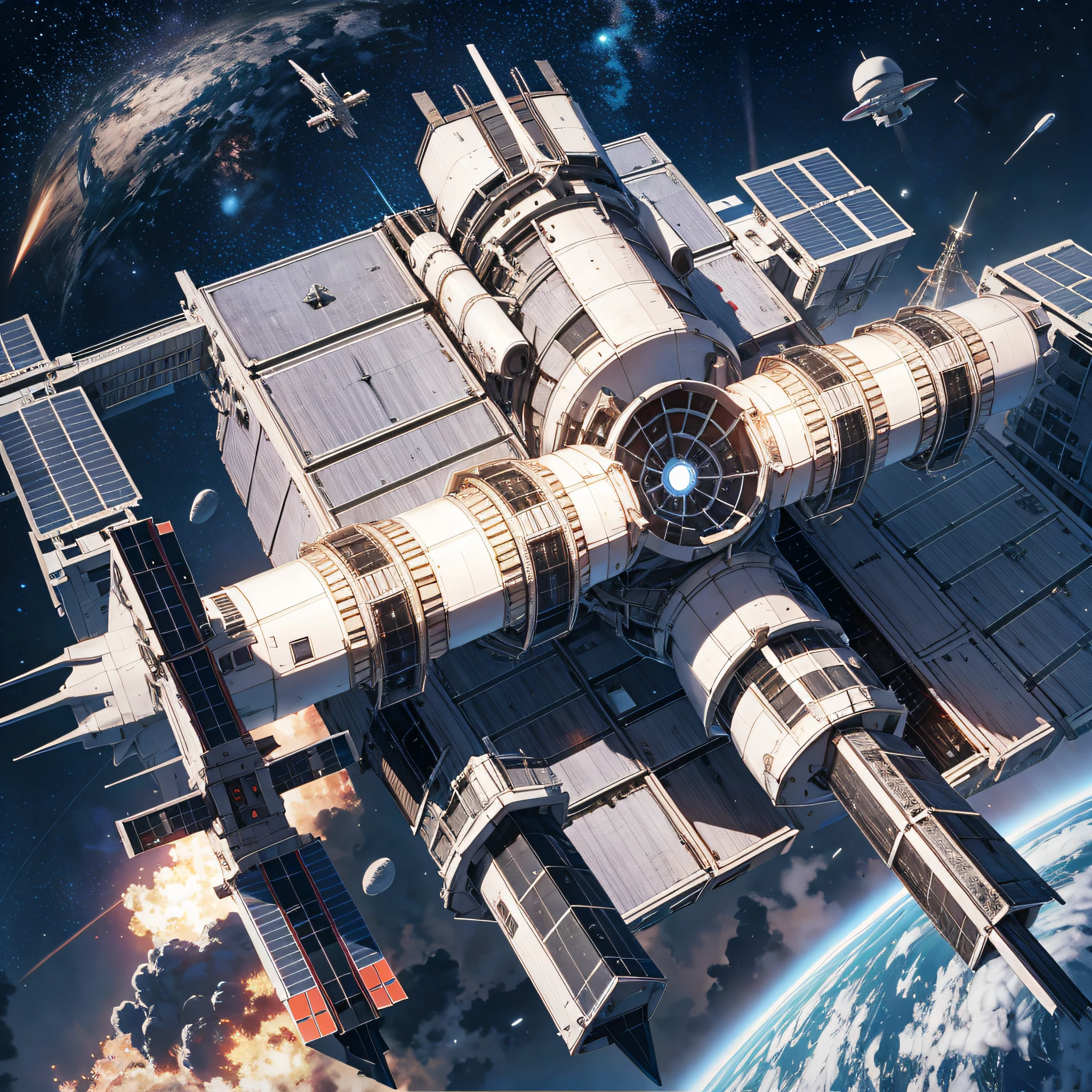 Cross-shaped space station, big explosion