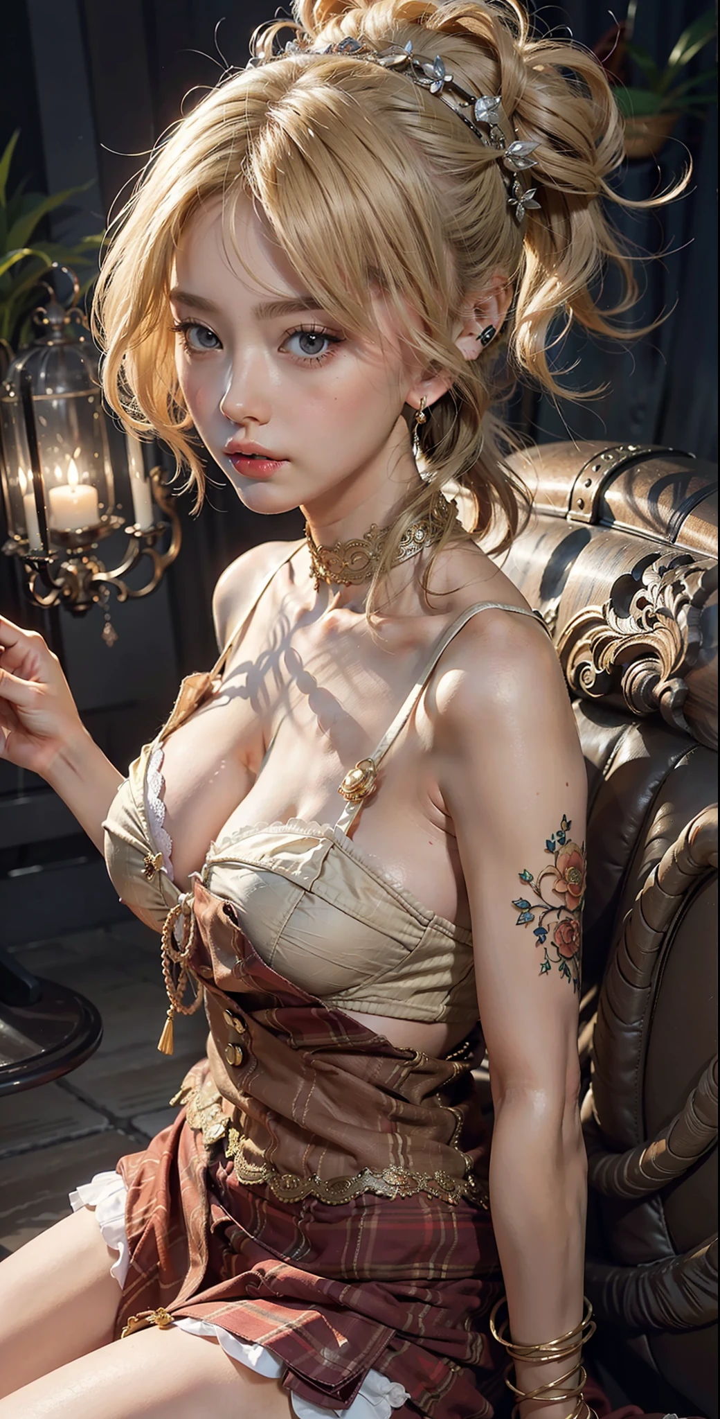 Best quality, masterpiece, big boobs, (large breasts), detailed skin texture, detailed cloth texture, detailed face, super detail, 8k, intricate detail, 1girl, blonde hair, pretty lips, orange shirt