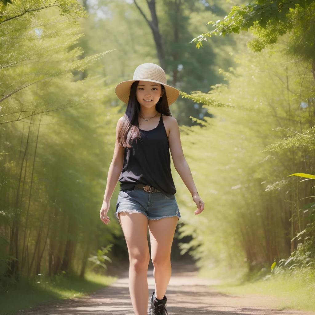 1girl,walking forest,path,sun,sunshine,shining on body,