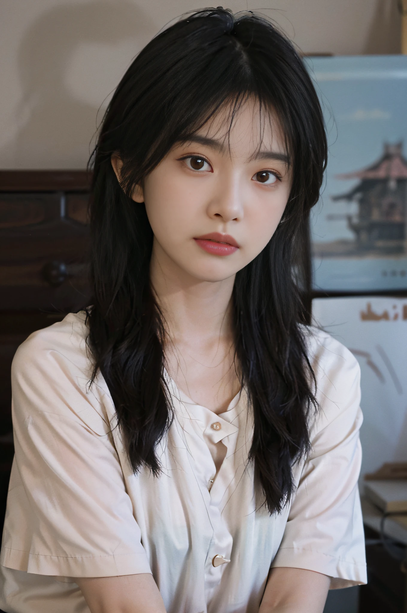 Temperament girl, delicate facial features, bangs, brown ponytail, messy hair, hair is very realistic, wearing a pink shirt with short sleeves, the background is a studio, sea view, Du Qiong, exquisite makeup, light red lips, big eyes, double eyelids, black holes, bright eyes, symmetrical face, very real face, narrow waist, thighs, meticulously portraying the girl's face, blush, super high appearance, looking at the audience, very realistic skin, skin oil reflection, artwork, clothes with real fabric texture, realistic painting, Cinematic style, photography level, ray tracing, realistic light and shadow effects, realism, masterpiece, like the top photography effect, 8K