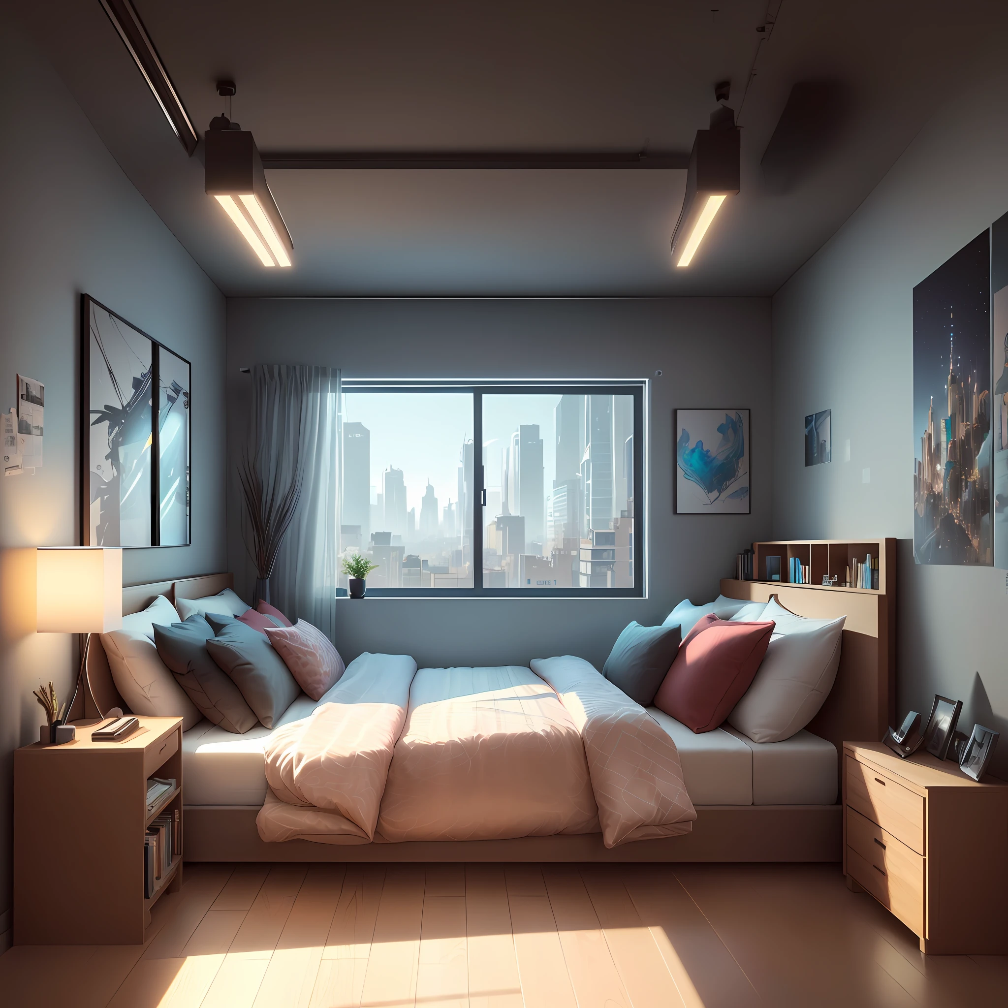 (Game concept art design: 1.1), (isometric 3D), (masterpiece), (extremely detailed CG unity 8k wallpaper), (best quality), (best illustration), (best shadow), isoaxial art, an apartment bedroom at night with large floor-to-ceiling windows, bed by the window, night view outside the window, sofa in the bedroom, tea table, doll, ray Tracing, Ultra Detailed, Illustration, Unreal Engine, ArtStation, Unreal 5, Daz, Surrealism, Octane Rendering, High Quality Shadows,