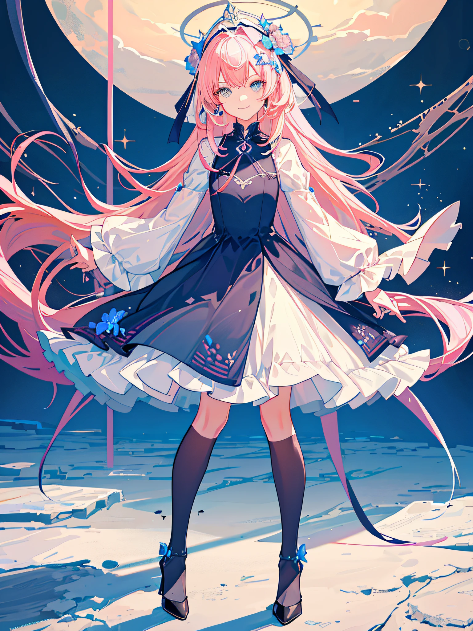 masterpiece,best quality,best quality,stunning,beautiful detailed eyes,1girl,fine details,depth of field,highly detailed cg unity 8k wallpaper,masterpiece,upper body,(vtuber Akua Minato),pink hair,blue striped hair,palace,holy, white floor length slit dress, mature woman, standing, mid-bust, silver headdress, smiling, black high heels, Extra long hair, body turned to one side, jewelry, blue flowers in hair, grey eyes, close-up