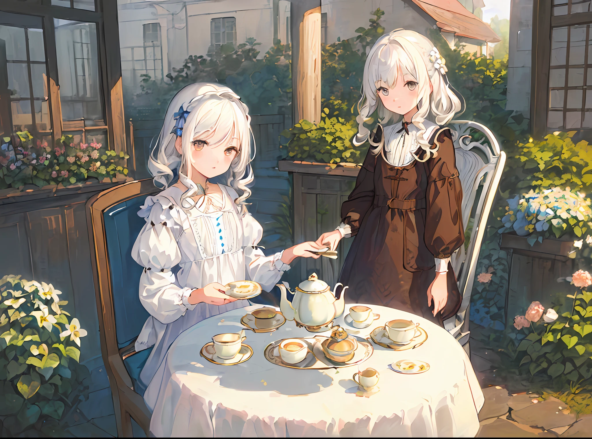 (masterpiece, best quality:1.3), ((illustration), detailed eyes, detailed face, ((still life)), ((1 charming white-haired girl)), ((peaceful)), small chest, (nightdress), brown eyes, curly hair, (blanket), blue pattern, ((soft)), (afternoon), ((chair)), garden view, teapot, cupcake