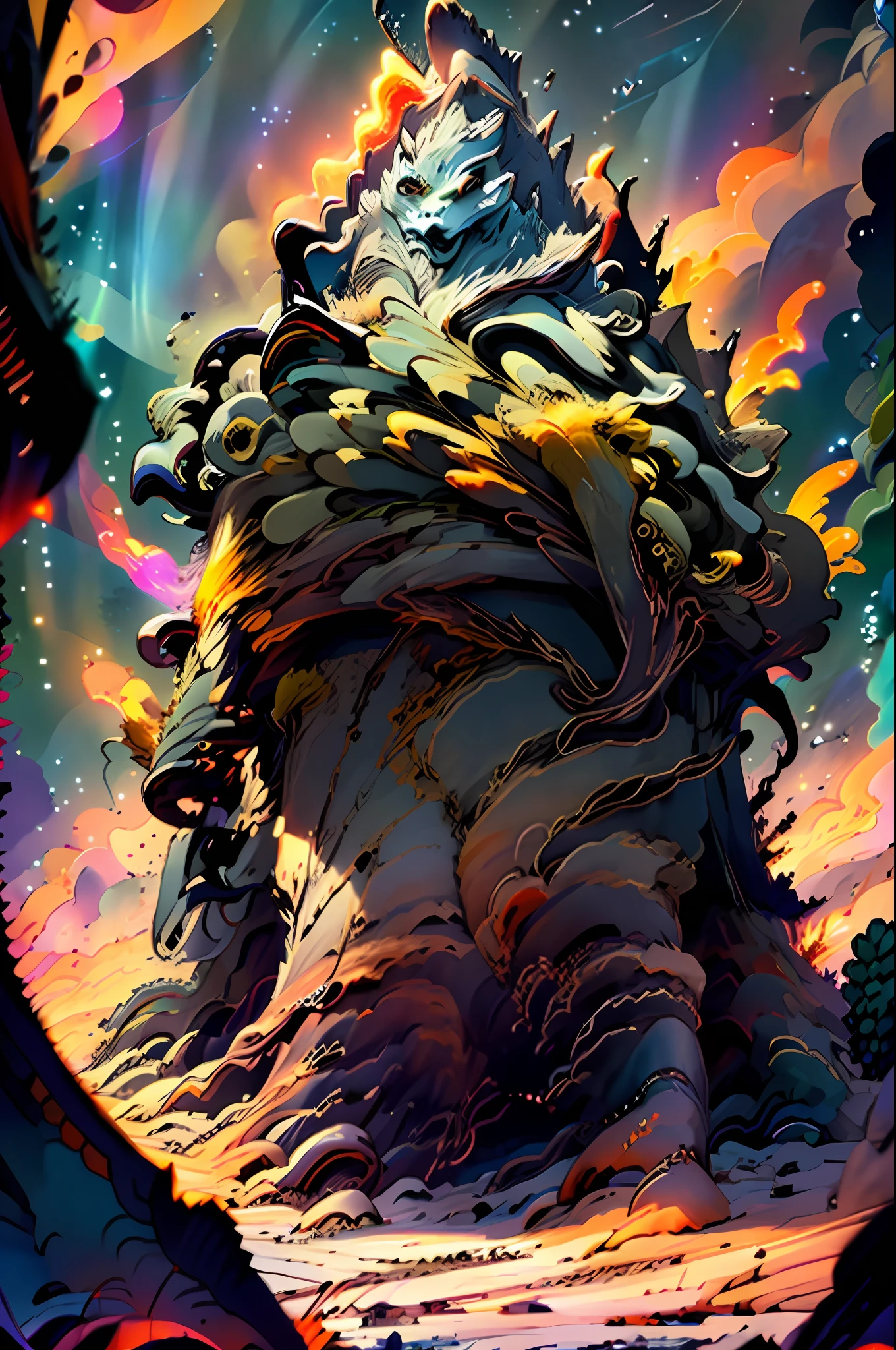 A mountain with burning fire, cracked ground surface, dark, overcast sky with shooting stars. Crossing the sky