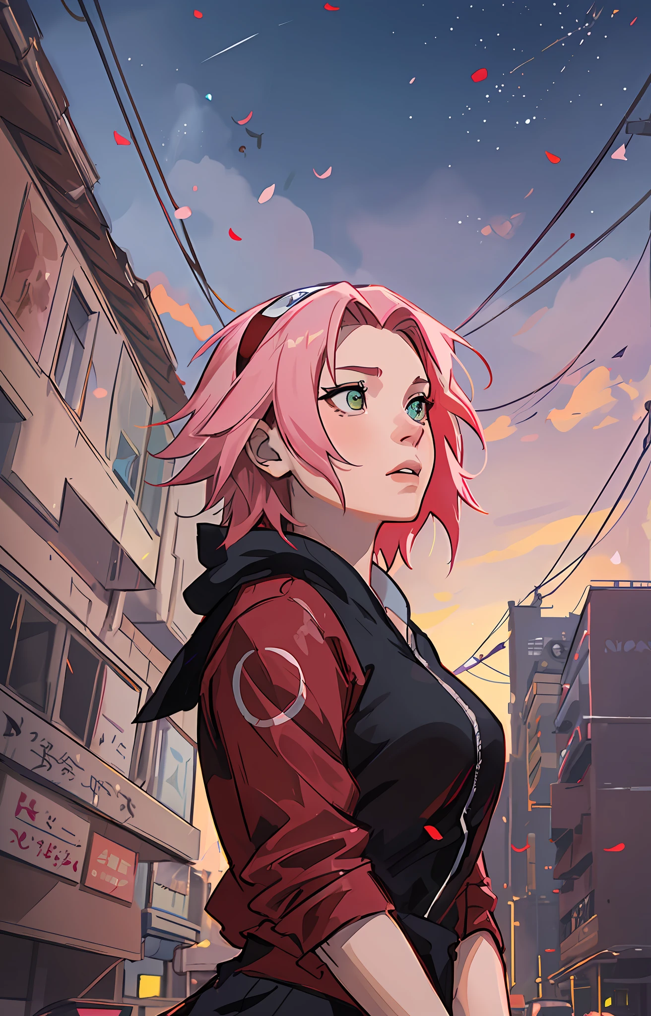 Sakura haruno, ANIME NARUTO, NINJA, solo, ((forehead the show)), charming,fitness, attractive, wearing a ((red blouse)), pink hair, delicate, young, short hair, detailed face, kissing boyfriend, full body, looking up at the sky on a rainy day, bandana on head, trend in art by rhads, andreas rocha, rossdraws, makoto shinkai, laurie greasley, lois van baarle, ilya kuvshinov and greg rutkowski