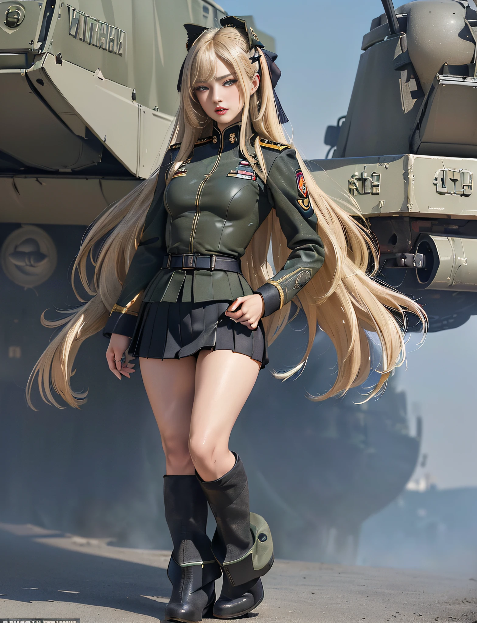 very detailed RAW color photo, (((1 girl))), (((alone))), (((17 years))), ((((very young))), (((very detailed perfect body))), (((small and defined breasts))), (((ultra defined curves))), (((superior quality, 8k, masterpiece: 1.3)), (sharp focus: 1.2), (((extremely beautiful girl with perfect figure: 1.4))), ((very thin waist: 1.2)), ultra detailed skin texture, ((smooth and soft skin)), ultra detailed fabric texture, Extremely beautiful face ultra detailed, (((extremely beautiful))), intricate details, ultra detailed, (((girl wearing a military suit))), (((straight blonde hair))), extremely beautiful, (((extra long mane with bangs))), (hair on the face), ((hair ribbon)), dynamic pose, ((the suit leaves the thighs exposed)), ((ultra detailed legs)), ((((the uniform wears a miniskirt))), (((ultra detailed waist))), (((very wide hips))), (((very thick and turned thighs))), ((very defined muscular legs)), (sexy), (((extreme hourglass figure))), (((very thick heart lips))), ((red lipstick)), ultra detailed lips, (ultra detailed blue eyes), ((angry look)), (((staring at the viewer))), ultra detailed provocative mouth, extremely beautiful seductive lips, ((blushing)), (makeup), ((((model body))), (((ultra defined waist))), eye shadow, (full body shot), (military booties), background with military vehicles