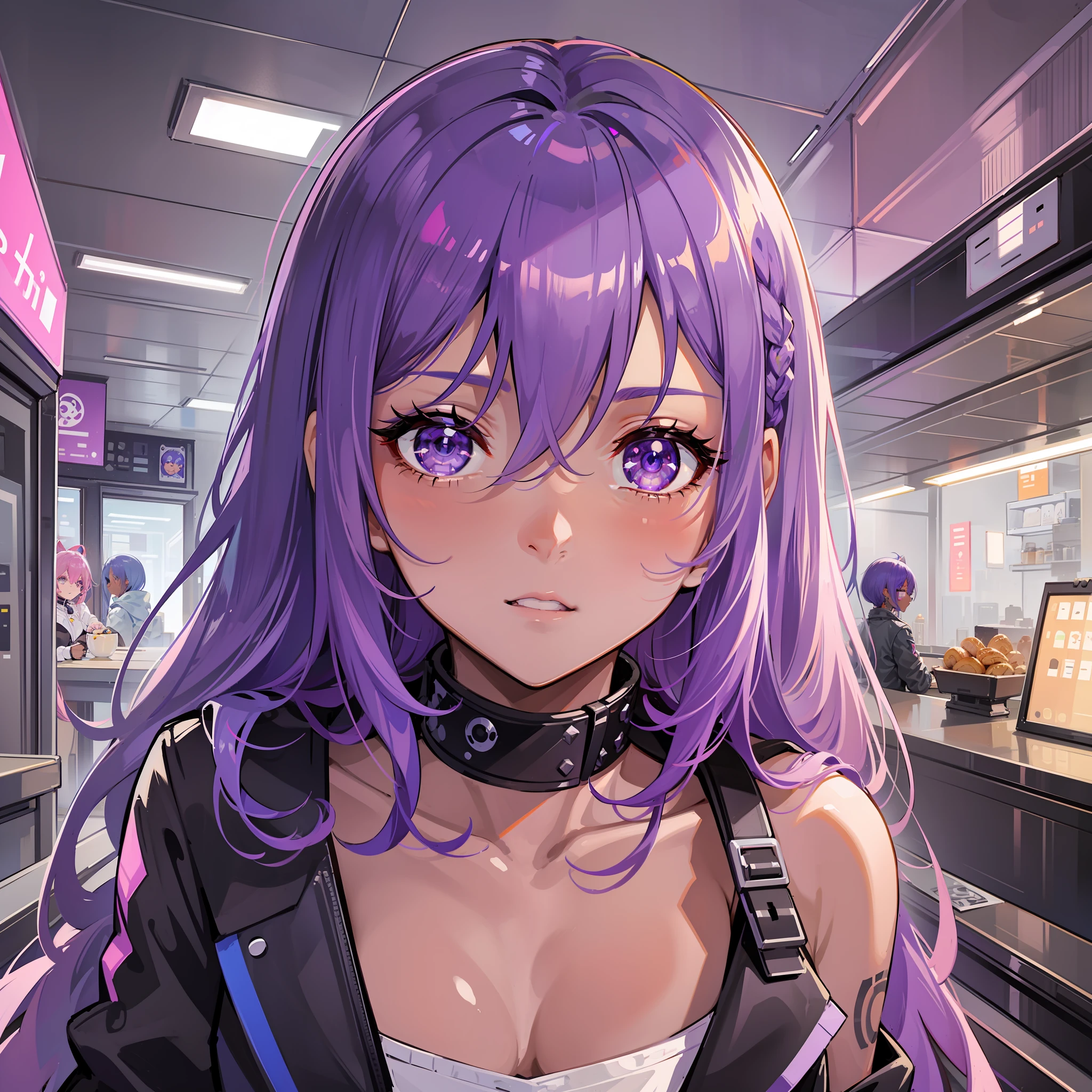 futuristic girl, dark skin, purple colored eyes, space, purple hair, blue hair, pink hair, long hair, dark skin, futuristic coffee shop
