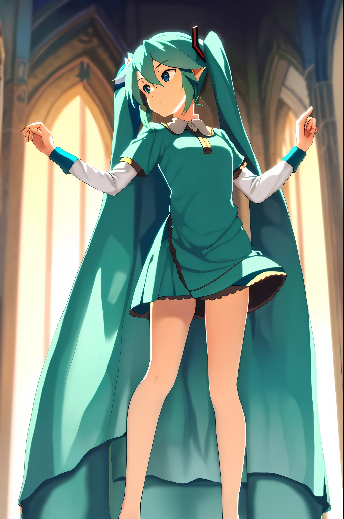 masterpiece, best_quality, 1girl, solo, link, the legend of zelda, tunic, hat, Hatsune Miku's original design, with a blue and teal color scheme, long pigtails, and a dress with speakers, fairy-like character, more medieval-inspired design,cape with music notes,