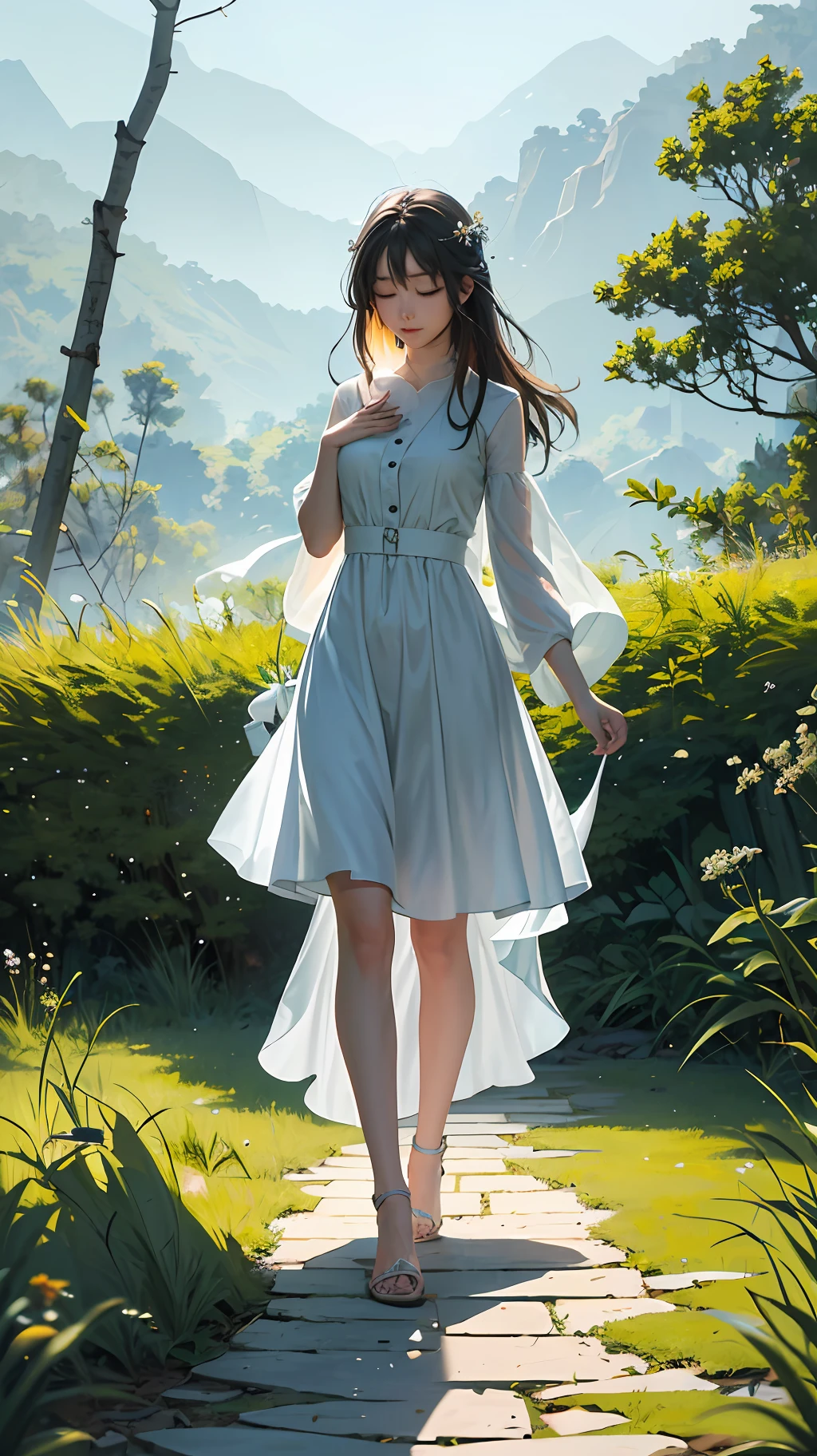 (best quality, masterpiece),peace girl,peaceful atmosphere, tranquility, serenity, quietness, calmness, relaxing, soothing, gentle, composure, contentment, satisfaction, happiness.