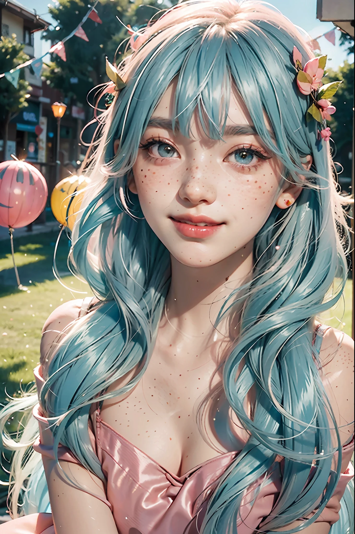 (Fluorescent color: 1.4), (Translucent: 1.4), (Vintage filter: 1.4), (Fantasy: 1.4), Candy World Disneyland Ethereal soft Fluffy Soft Landscape Forest Snowflakes Pale Pink Sky Green ((Blue Pink Hair)), (Coiled Hair)), Light Blue, Sparkling Ethereal Light Soft Whimsical Light Diamond sparkle Gemstone background Ultra-realistic Ultra-high-quality cinematic lighting Huge details Full HD painting Well-lit, diagonal bangs,
Collared dress, sides
Masterpiece, Best Quality, Real Skin, (Portrait: 1.5), 1 Girl, Blunt Bangs, Long Hair, Sea of Flowers, Smell Flowers, Wear Flowers on Head, (((Smile)), (Red Lipstick), Red Glow, ((((Blush))), ((Shy)), Eyelashes, Eyeliner, Makeup, Short Hair, ((Round Garland on Head)), Laugh, (Freckles)
