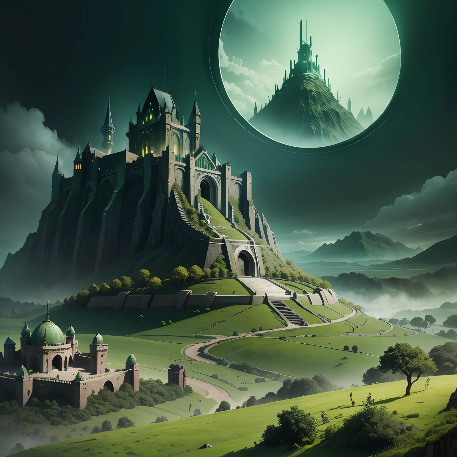 Anthill in the style of the fortress of Minas Morgul from "The Lord of the Rings", the background is gloomy dark green, an anthill with lighting, surrealism --auto --s2