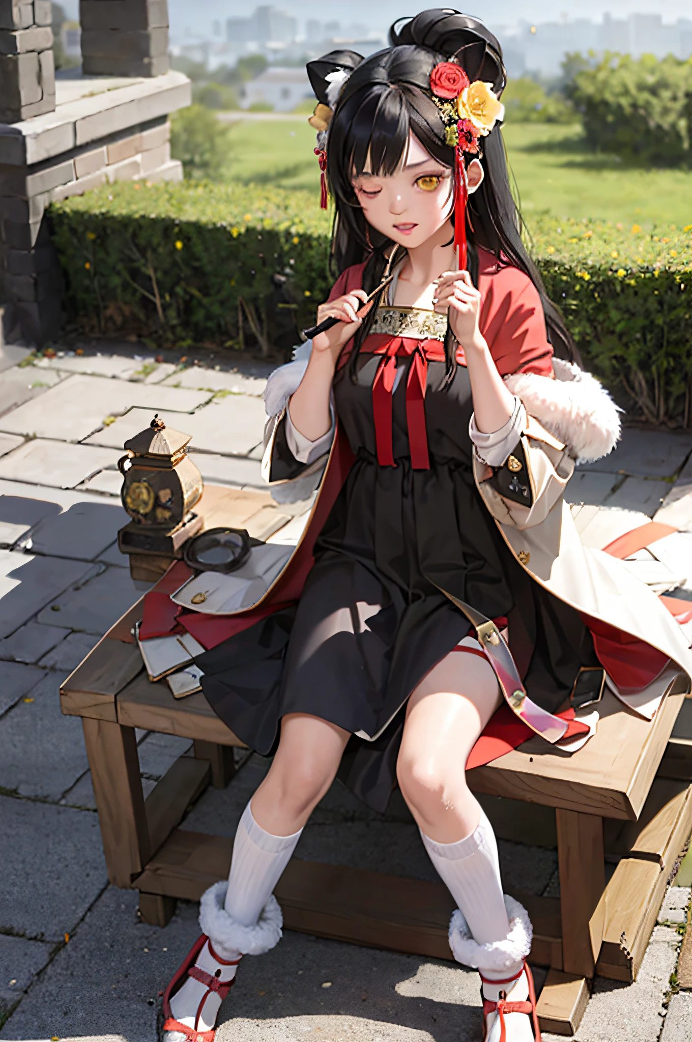Masterpiece, Superb Piece, Hanfukozue, 2girl, Tiger, Brush, Long Hair, Bun, Bun, Holding Brush, Holding Brush, Hanfu, Hanfu, Brush, Bangs, Solo, Year of the Tiger, Black Hair, White Tiger, Jewelry, Long Sleeves, Holding, Sitting, Yellow Eyes, Bow, Necklace, Hair Accessories, Wide Sleeves, Red Bow, Blunt Bangs, Fur Trim, Closed Mouth, Ribbon, Dress, Shawl, Tassel, Animal Print, Red Ribbon, Animal, Extra Long Hair, Hands Up, Ink, Bow Tie, Coat, Headband, Zodiac Sign , rolling, looking at the audience, hair flower, side hair, earrings, brown hair, flower, one eye closed, blush, pink dress, ancient architecture, courtyard, light,