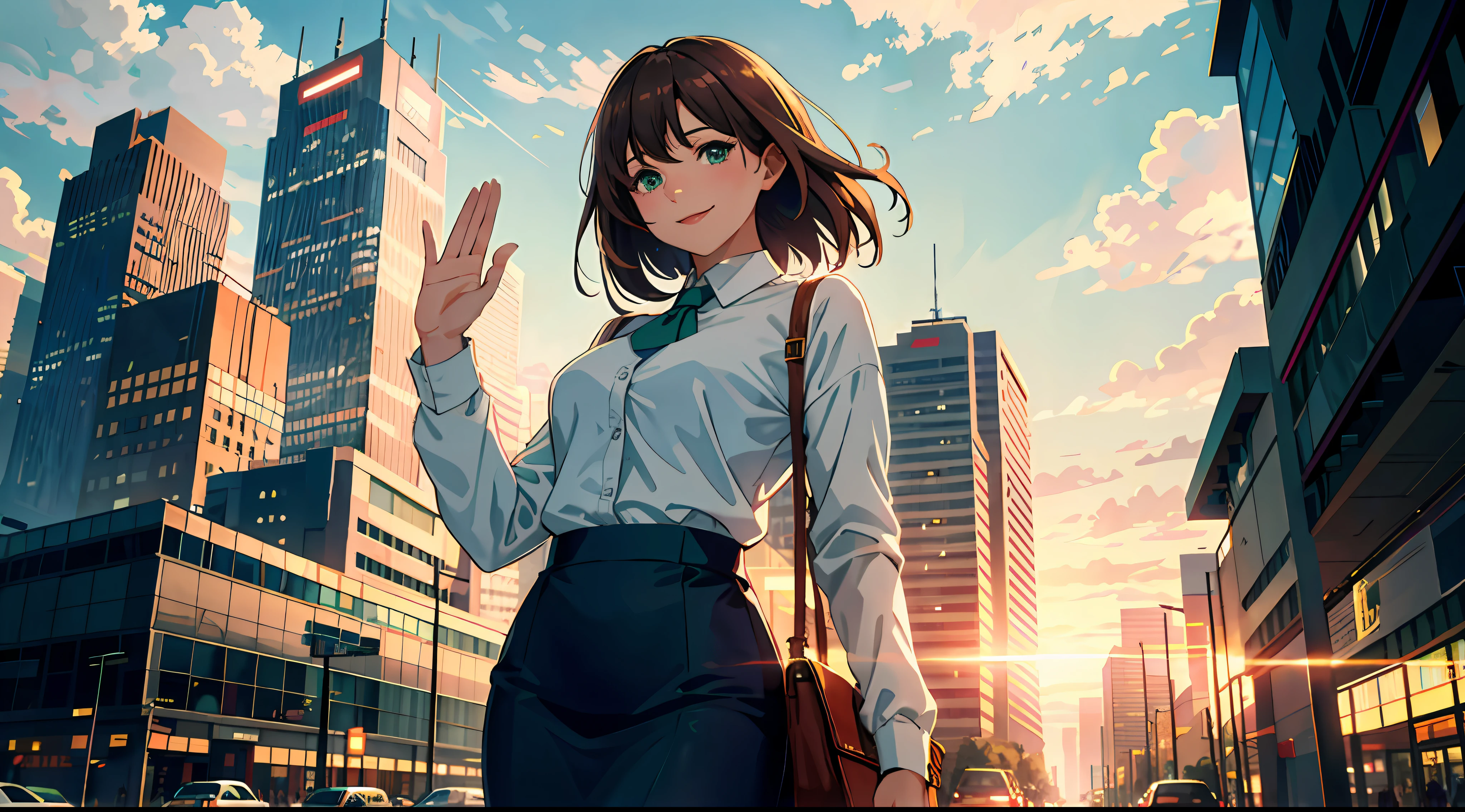 High Resolution, BEST QUALITY, 1 Office Lady, Waving, Illustration, Ultra Detail, (Detailed Face), Soft Lighting, Top Quality, Hazy Glow, Dreamy Atmosphere, Ultra Detail, Masterpiece, One Girl, Solo, Brown Hair, Green Eyes, Knitwear, Bright Eyes, Medium Breasts, Cowboy Shot, From Below, Outdoor, Smile, Morning, Clouds, Skyscrapers in the background, Industry, Public transport, Urban, concrete building, concrete, sidewalk, busy, tree,