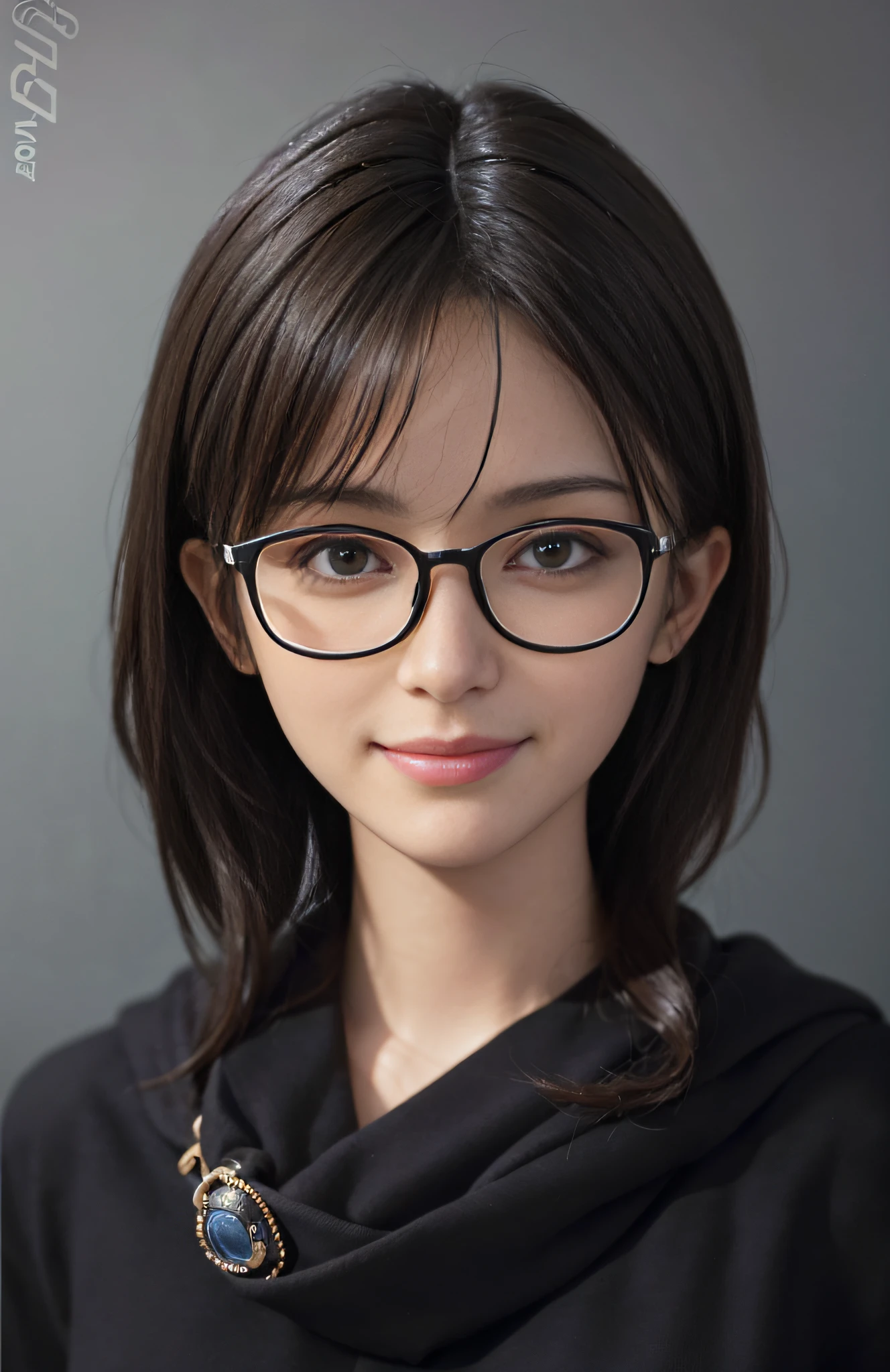 (Ultra Realistic), (Illustration), (Increased Resolution), (8K), (Extremely Detailed), (Best Illustration), (Beautiful and Detailed Eyes), (Best Quality), (Ultra Detailed), (Masterpiece ), (wallpaper), (detailed face), solo, 1 girl with glasses, looking at viewer, fine details, detailed face, in the dark, deep shadows, low key, pureerosfaceace_v1, smiling, short hair, black shawl straight hair , 46 points oblique bangs