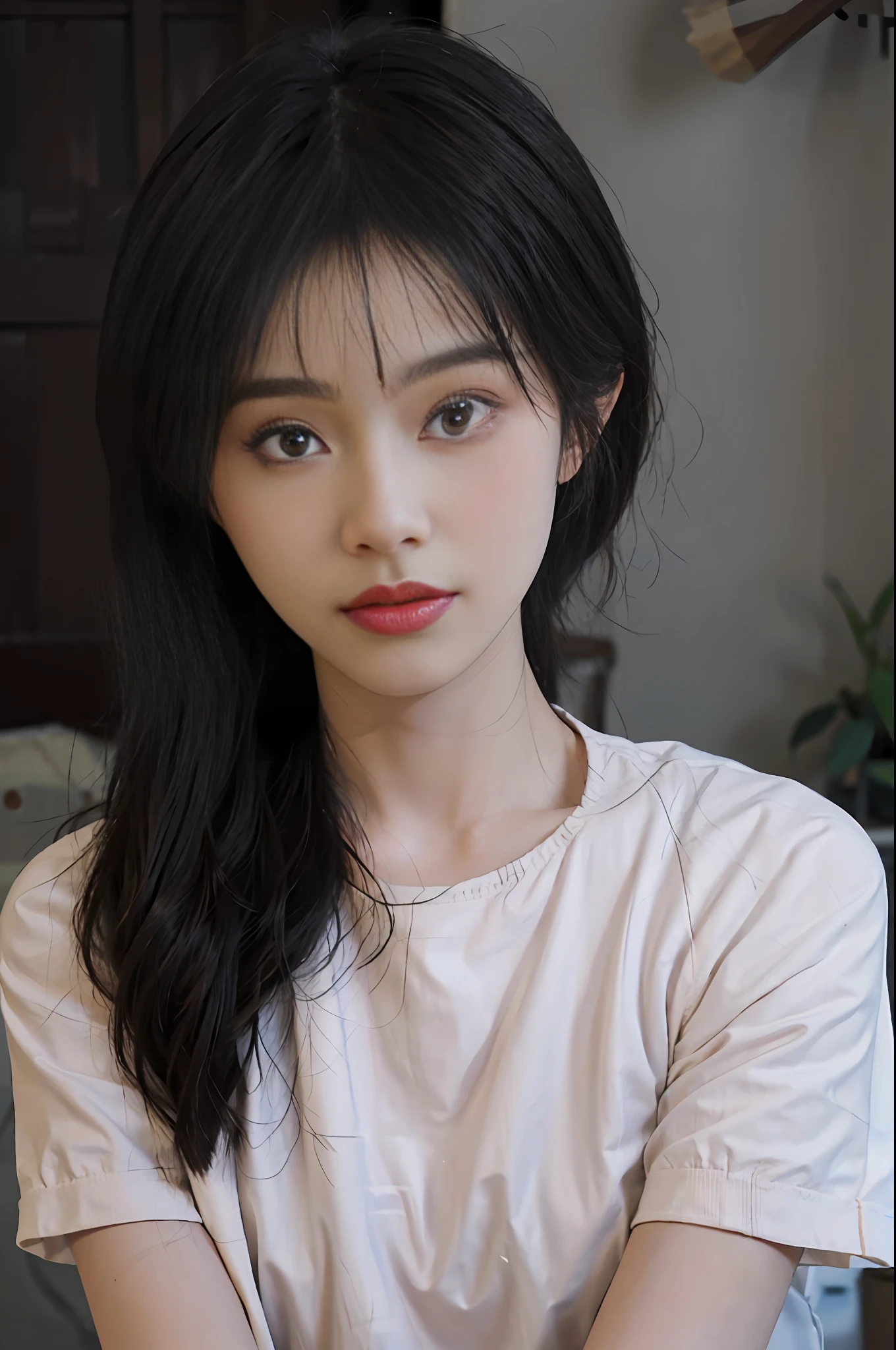 Temperament girl, delicate facial features, bangs, brown ponytail, messy hair, hair is very realistic, wearing a pink shirt with short sleeves, the background is a studio, sea view, Du Qiong, exquisite makeup, light red lips, big eyes, double eyelids, black holes, bright eyes, symmetrical face, very real face, narrow waist, thighs, meticulously portraying the girl's face, blush, super high appearance, looking at the audience, very realistic skin, skin oil reflection, artwork, clothes with real fabric texture, realistic painting, Cinematic style, photography level, ray tracing, realistic light and shadow effects, realism, masterpiece, like the top photography effect, 8K