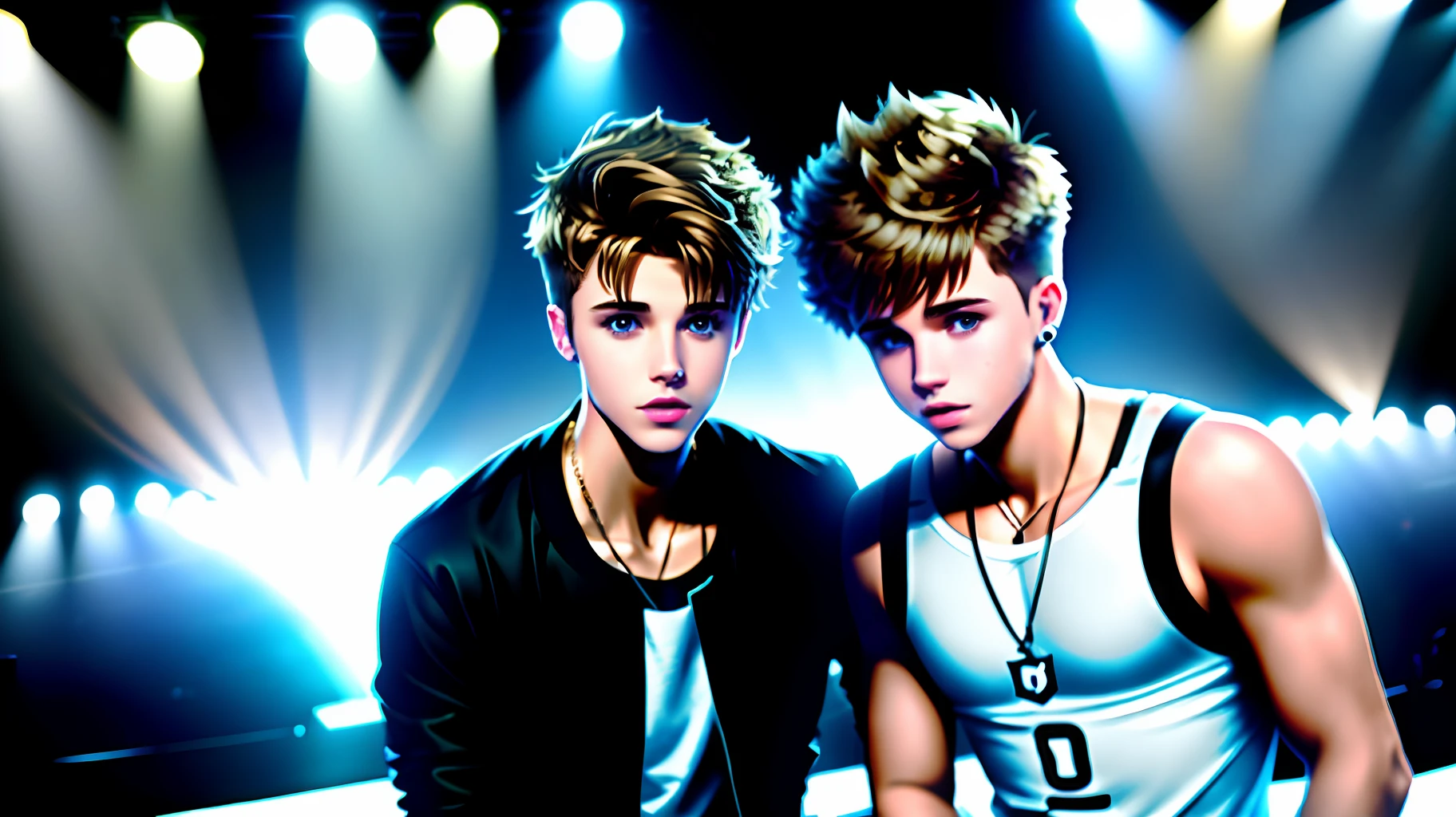 (Modelshoot style) Justin Bieber and Charlie Puth are on the same stage to draw the audience, but Justin and Charlie Puth are the focus. Ultra Realistic, (High Detail Skin: 1.2), 8K UHD, DSLR, Dramatic Edge Light, High Quality, Fujifilm XT3,
