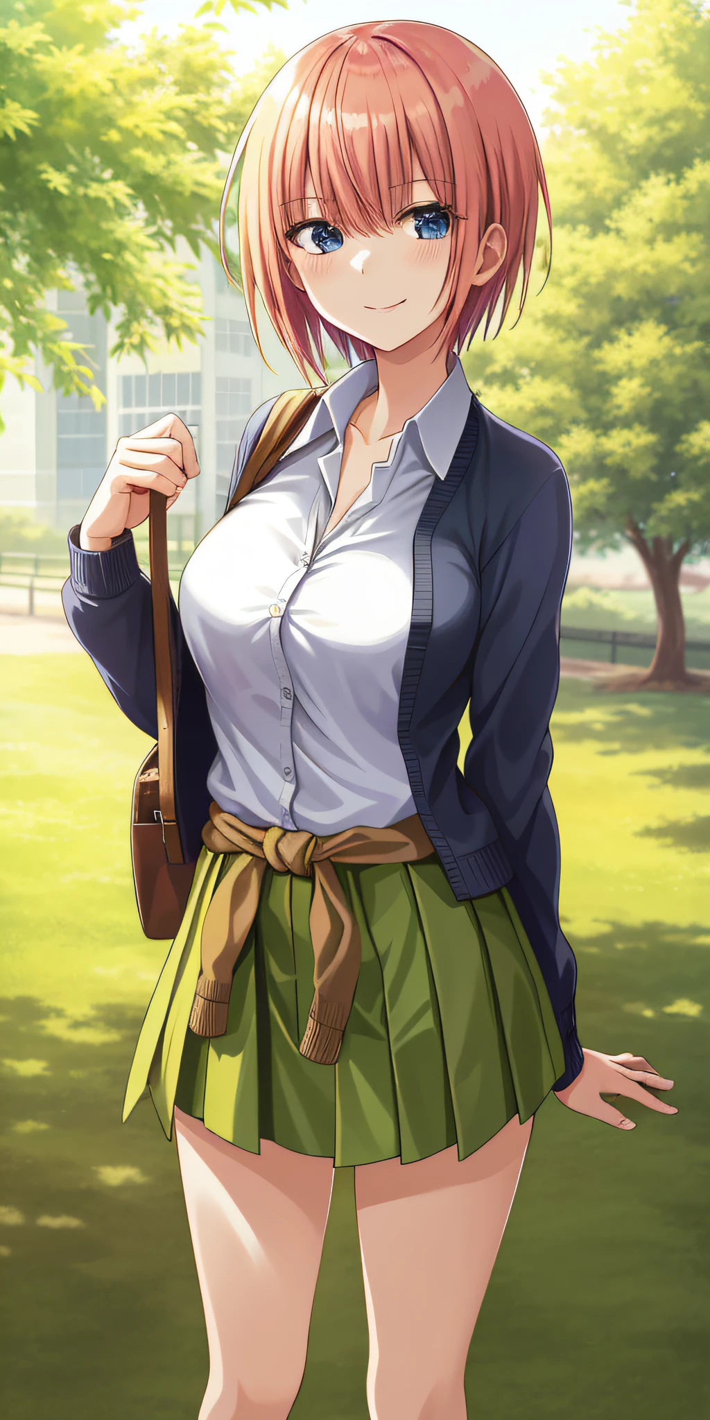 2D, Masterpiece, Best Quality, Anime, Very Detailed, One Girl, Solo, Cowboy Shot, Ichika Nakano, Pink Hair, Short Hair, Cardigan Around the waist, Collared Shirt, Green Skirt, Mini Skirt, Panties from Front,Midchest, Standing, School, Outdoors, Smile